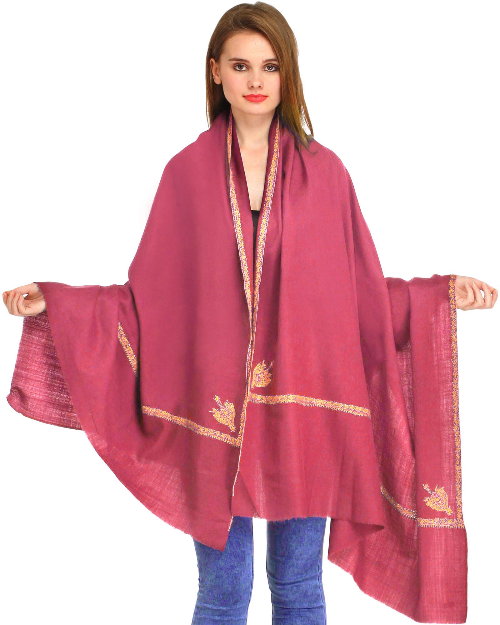 Women's Plain Kashmiri Kingri With Sozni Hand-Embroidery on Border Pure Wool Shawl-image-30