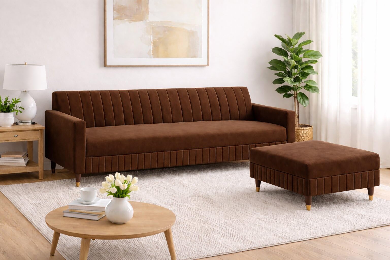L Shape Velvet Sofa Cum Bed with Ottoman, Convertible Sectional Sleeper Couch for Living Room, Modern Upholstered 3 Seater Sofa with Chaise Lounge (Brown)-image-18