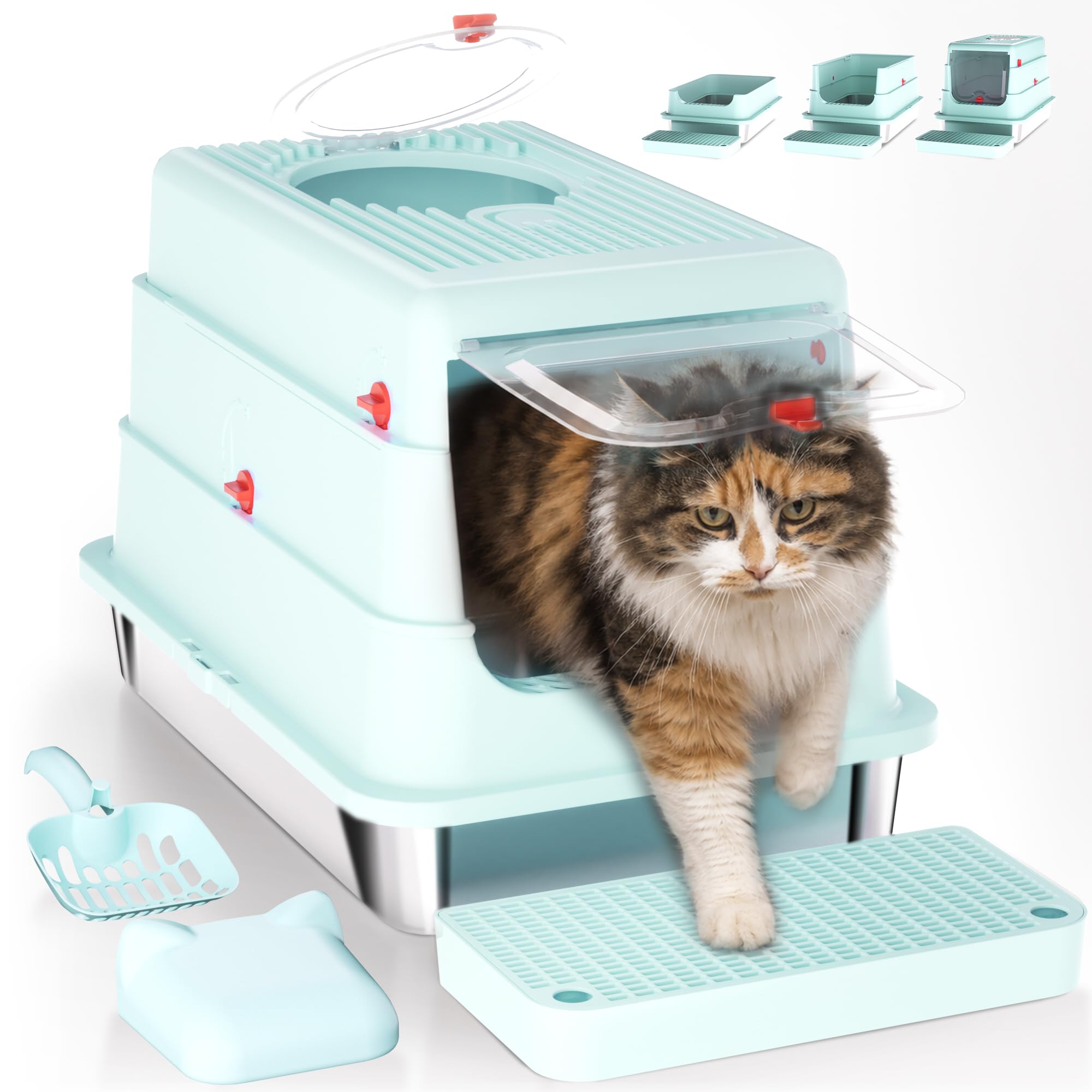 Lettiera XXL in acciaio inox con cappuccio ribaltabile per gatti grandi | Lettiera per gatti in acciaio inox SUS304, design 4 in 1, a prova di perdite, resistente agli odori, facile da pulire