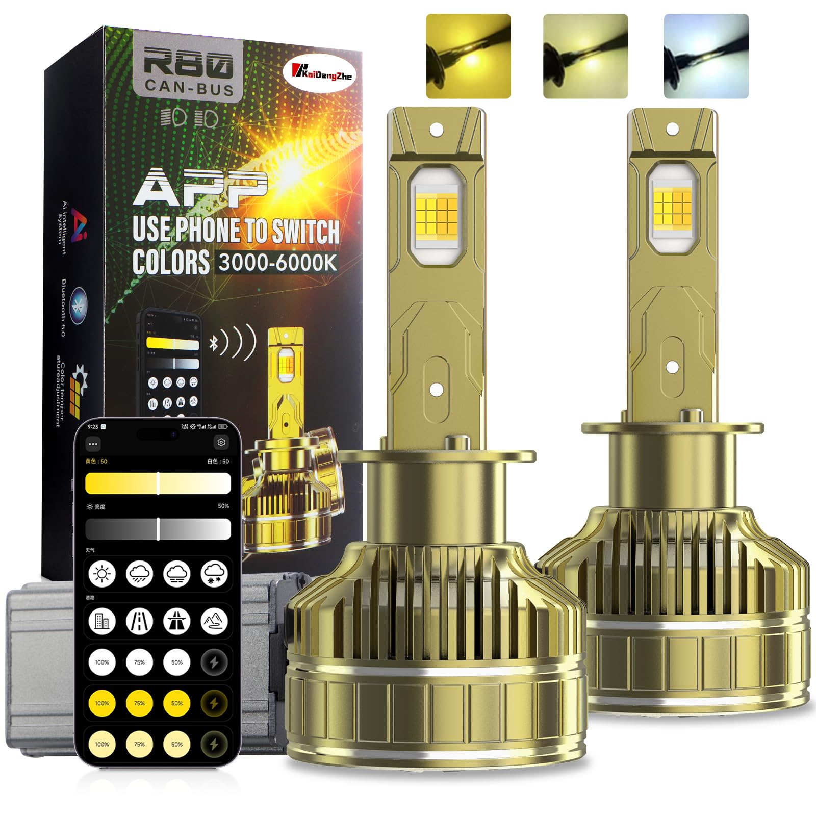 H1 LED Lampadina per Fari, 2 PZ Lampadina per Fari H1 Senza Errori Canbus Controllo Tramite app Colore 3000-6000K 170W 800% di Luminosità H1 LED Kit di Conversione per Alogena