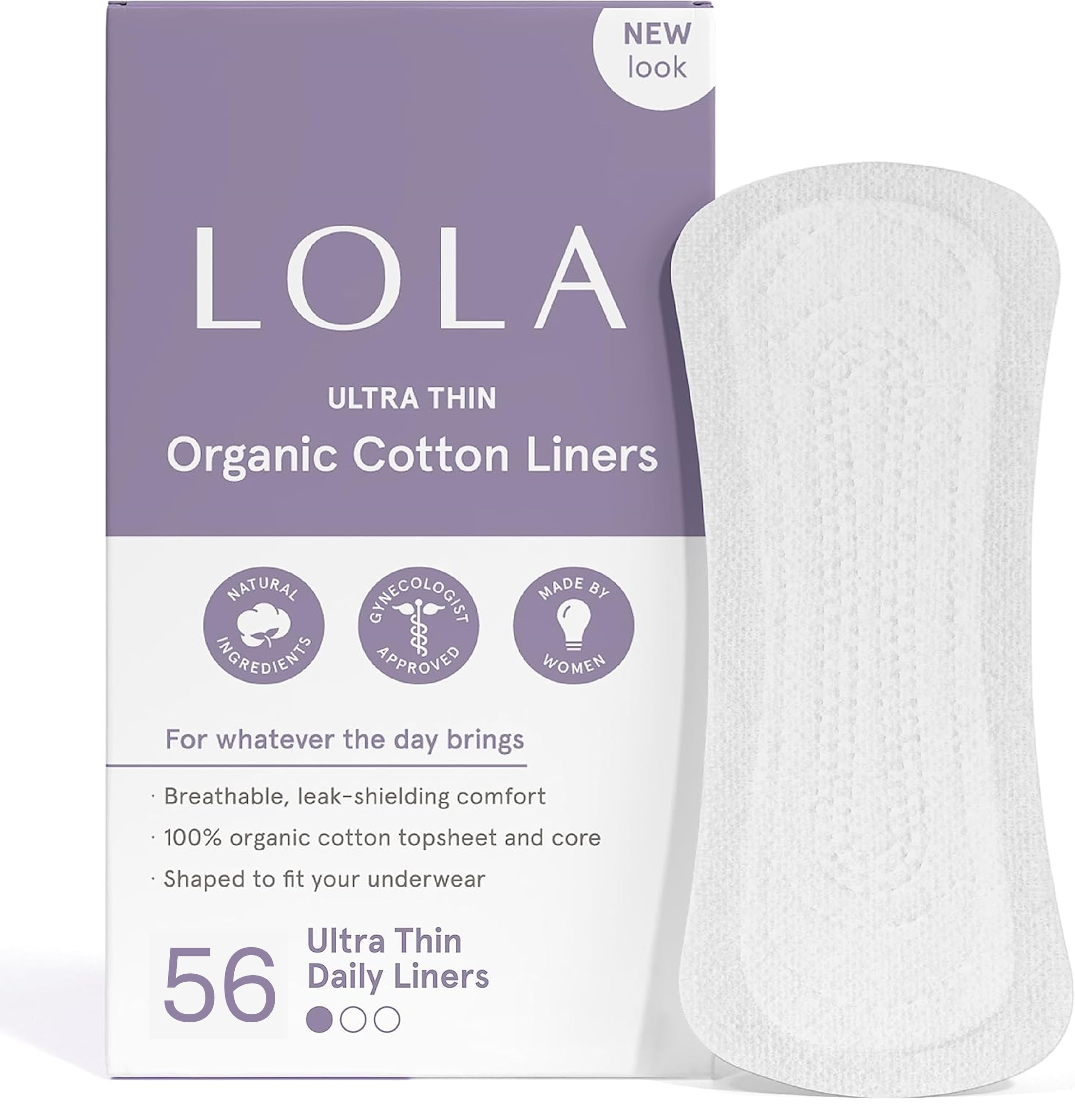 LOLA Ultra Thin Liners, 56 Count - Cotton Panty Liners for Women, Hypoallergenic Pads for Women, HSA FSA Approved Products Feminine Care
