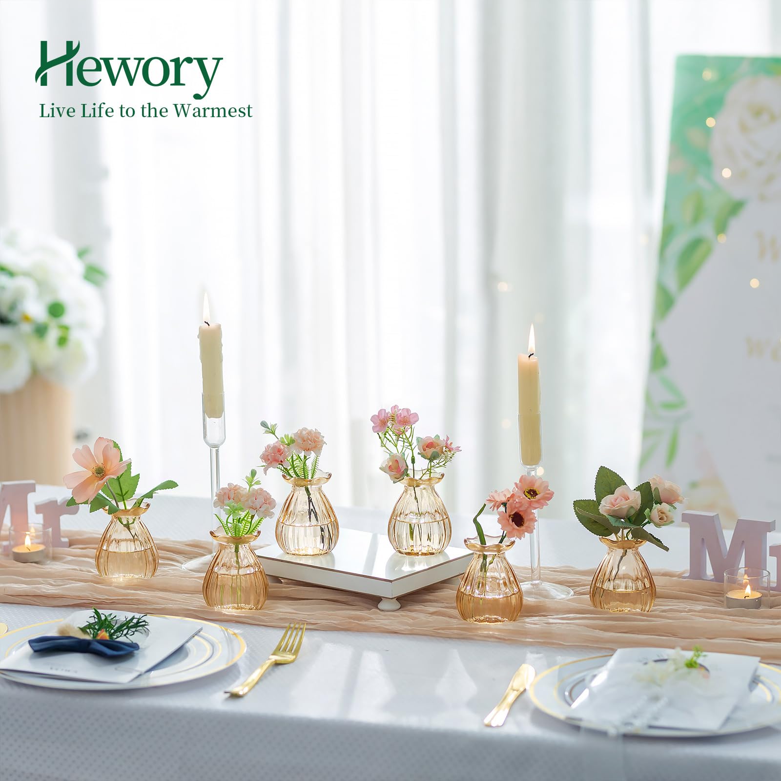 Hewory Kleine vazen voor tafeldecoratie bruiloft: set van 12 kleine glazen vazen set voor bruiloftsdecoratie tafel - schattige decoratieve vaas champagne mini bloemenvaas glas voor Kawaii decoratie