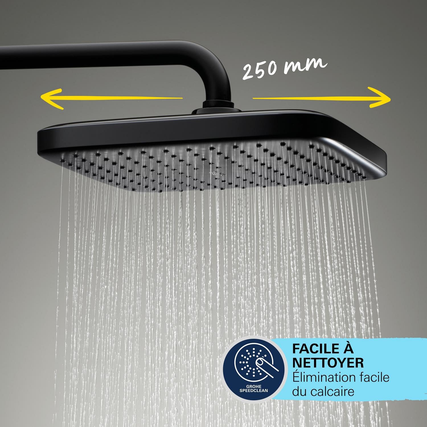 GROHE Vitalio Comfort 250 Colonne de Douche avec Mitigeur Thermostatique, Douche de Tête Carrée 25cm 1 jet (Pluie), Douchette Carrée 11cm 2 jets (Pluie/Stimulant), Economie d'Eau, Noir Mat, 266962431
