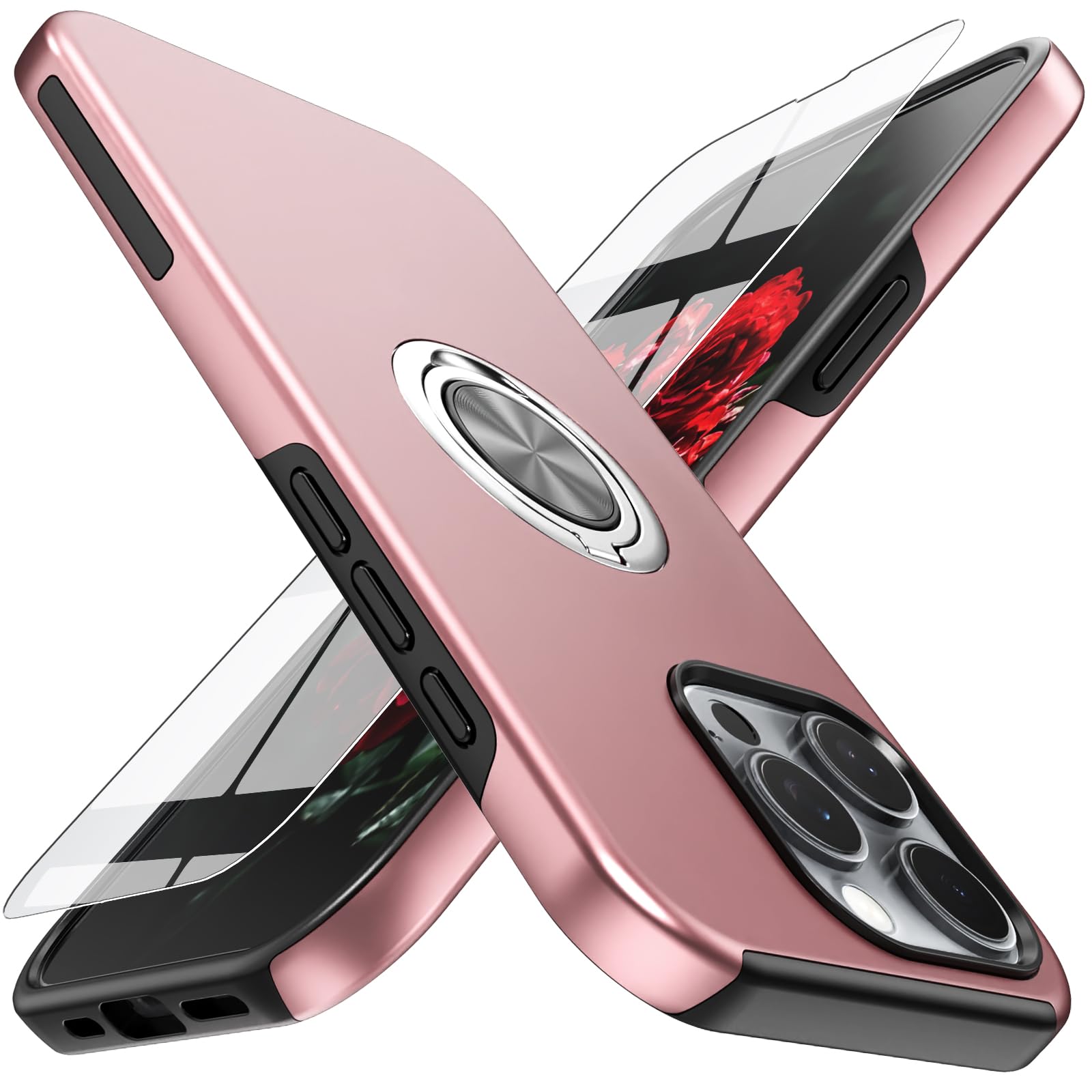 Yamink for iPhone 16 Pro Case with Screen Protector(Tempered Glass),Hybrid 2 in 1 Protective Slim Fit Sturdy Phone Case with Invisible Magnetic Ring