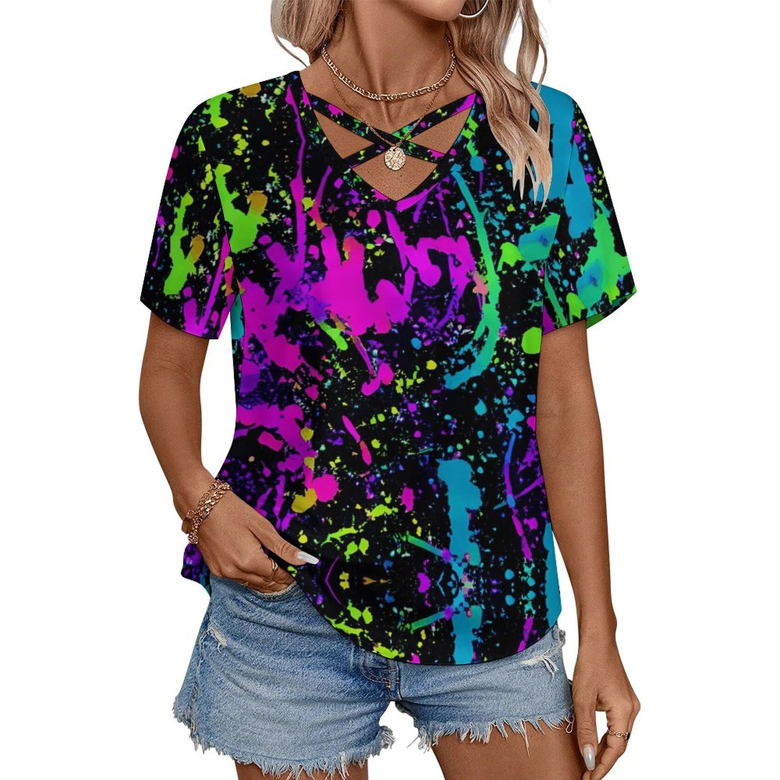 Glow in Dark Splatter Neon Women's Short Sleeve Shirt Tops Loose V-Neck Criss Cross Tees Summer Beach Blouses