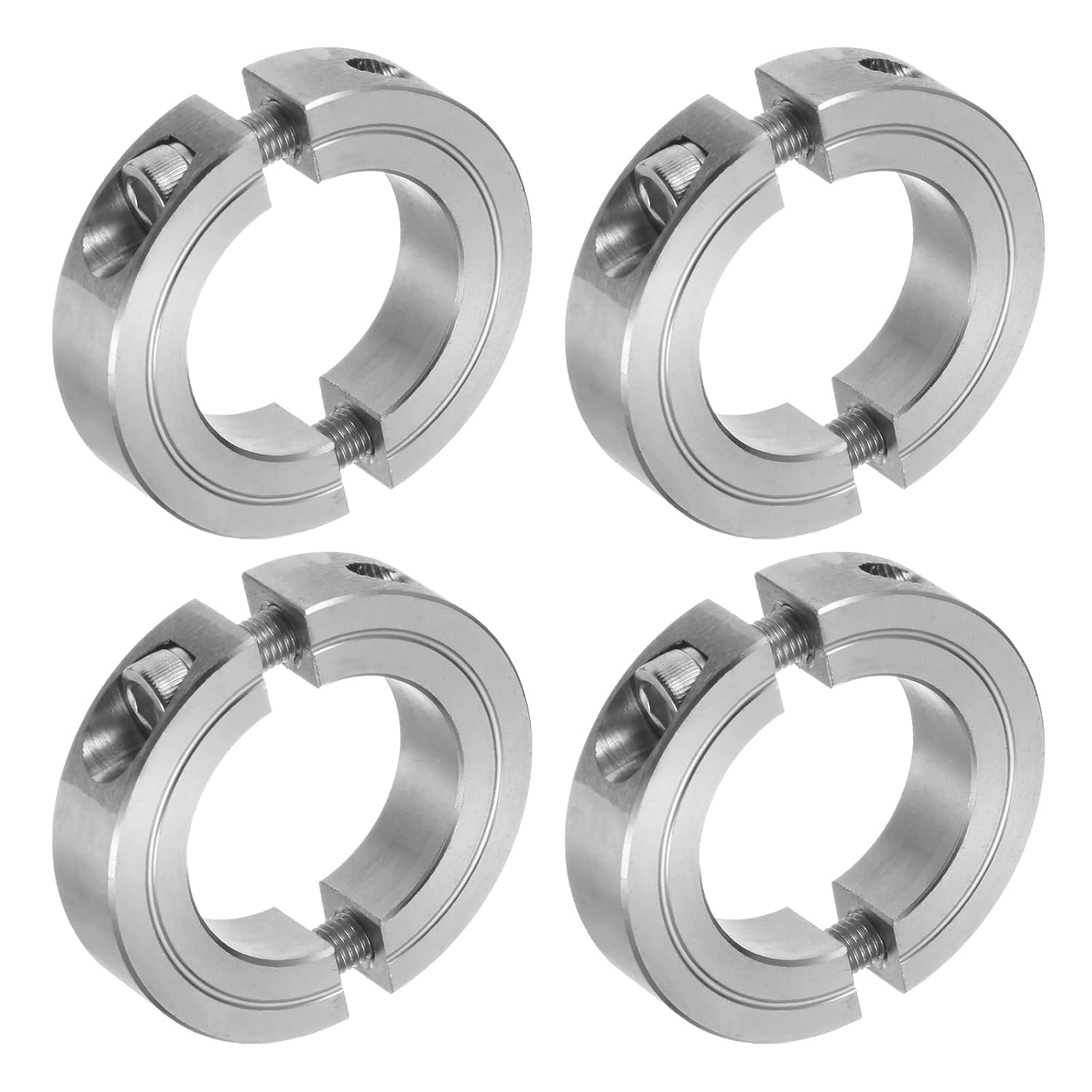 uxcell 4pcs Double Split Clamp-On Shaft Collar for 1-1/4" Shaft, Two-Piece Clamping Collar, 2-1/16" OD, 1/2" Thick, 304 Stainless Steel Axle Collar Clamp, Set Screw Style