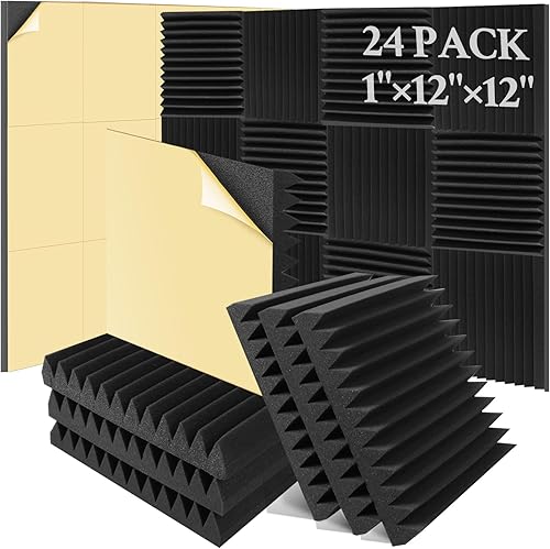Paquete de 24 paneles de espuma a prueba de sonido de 1 x 12 x 12 pulgadas, autoadhesivos, espuma acústica de cuña de alta densidad de 55.1 lbsm,