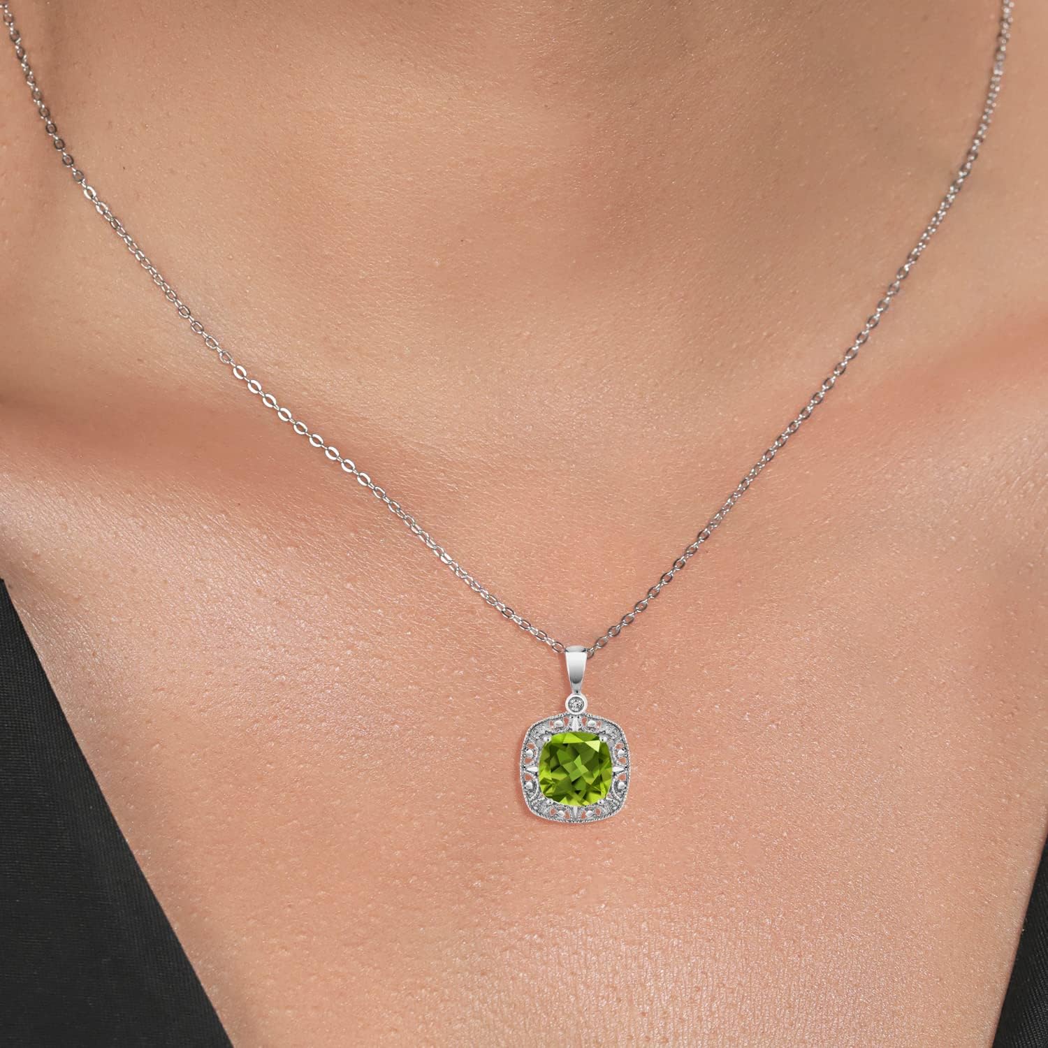 Gem Stone King 10K White Gold Cushion Green Peridot and Diamond Accent Pendant Necklace For Women | 2.45 Cttw | Gemstone Birthstone | 8MM Center | Fine Jewelry Gifts for Women Mom Wife Her