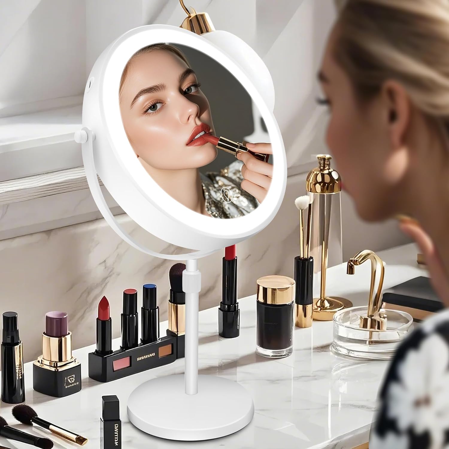 8.7" Large Lighted Makeup Mirror, 1X/10X Magnifying Mirror with 3 Color Dimmable Lights, Double Sided Vanity Mirror, Height Adjustable, 360° Swivel Cosmetic Mirror for Women Girl(White)