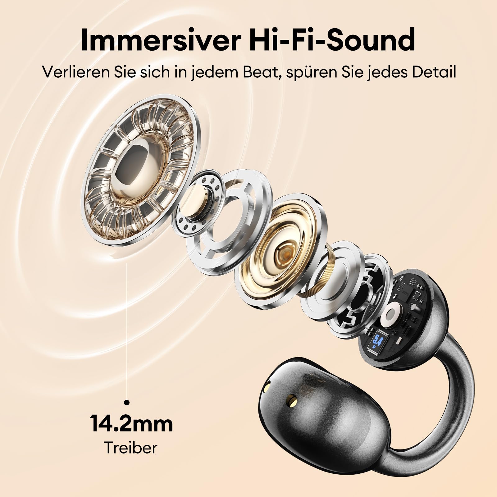Clip On Kopfhörer Open Ear Kopfhörer Kabellos Bluetooth 5.4 mit Intelligentem Touchscreen 4.1g Leichtgewicht Kopfhörer Sport, 60 Std Wireless Earbuds für Fitness, Laufen, Büro, M100 Schwarz