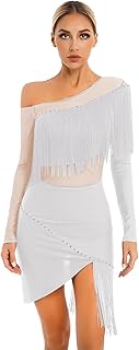 TSSOE Women Off Shoulder Tassel Mesh Patchwork Latin Dance Dress Cha Cha Salsa Tango Dance Costume White XX-Large