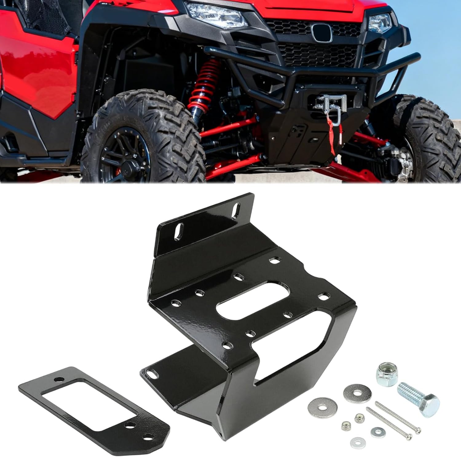 ALMULOO UTV Winch Mount Plate Bracket Kit Compatible with 2016-2025 Honda Pioneer 1000/1000-5/1000-6 Front Bumper Winch Mounting Plate Steel Black