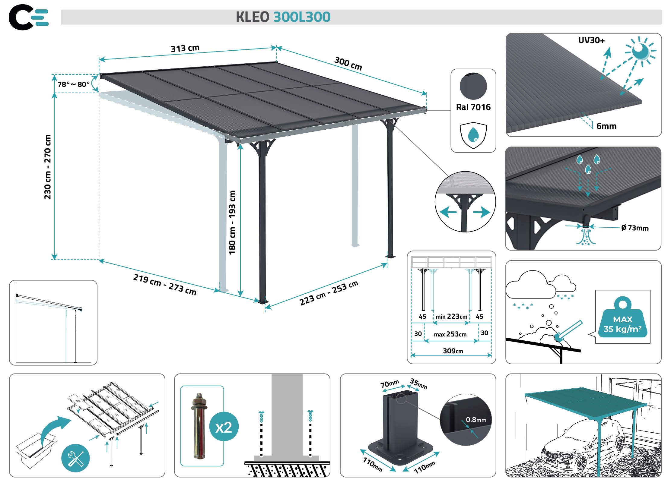 Cazeboo Carport/Pérgola Adosada 9m² KLEO 3x3m Aluminio Gris