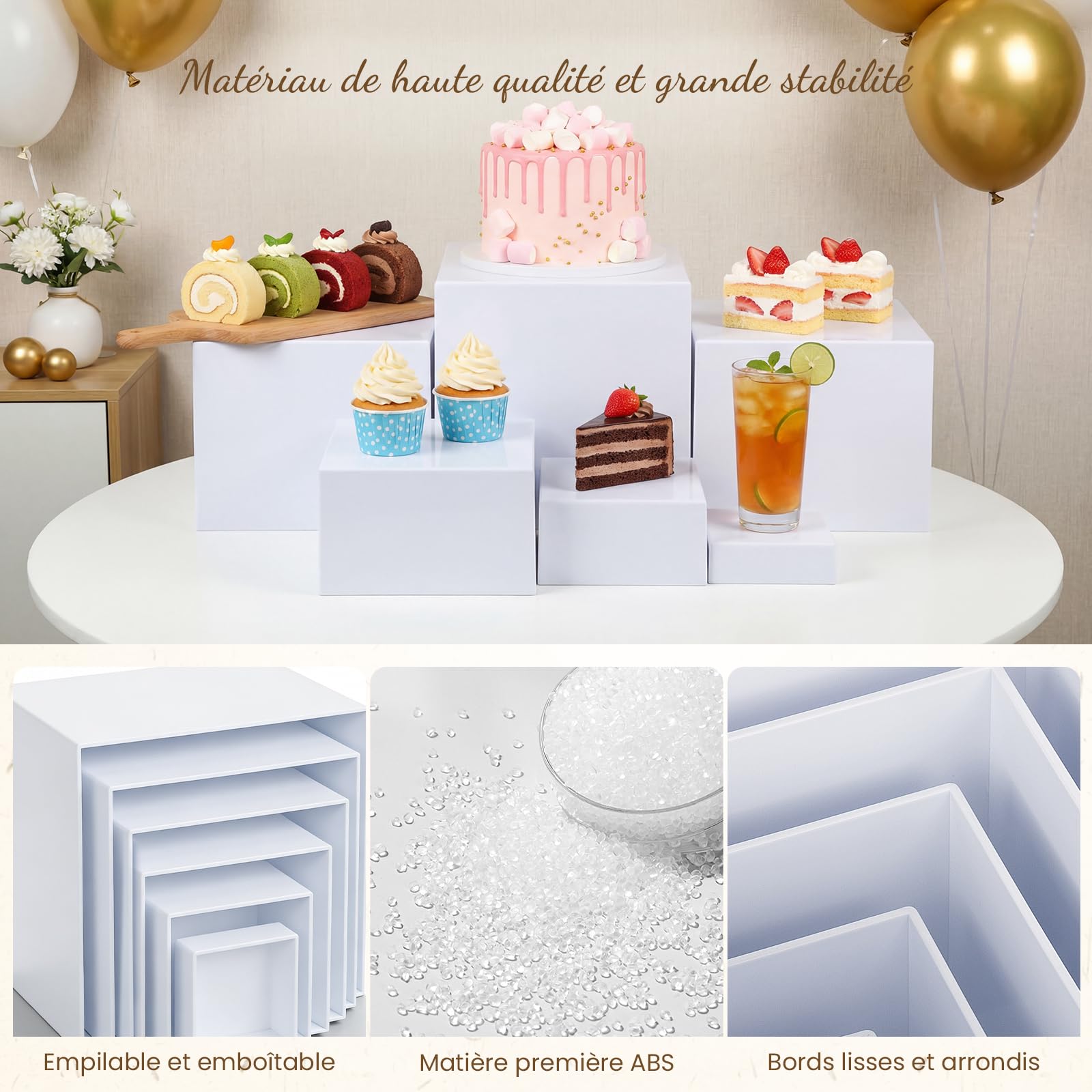 Lot de 6 présentoirs de buffet en acrylique blanc, 6 tailles différentes, support à dessert avec fond creux pour buffet, mariage, file d'attente, fête de famille, fête d'anniversaire