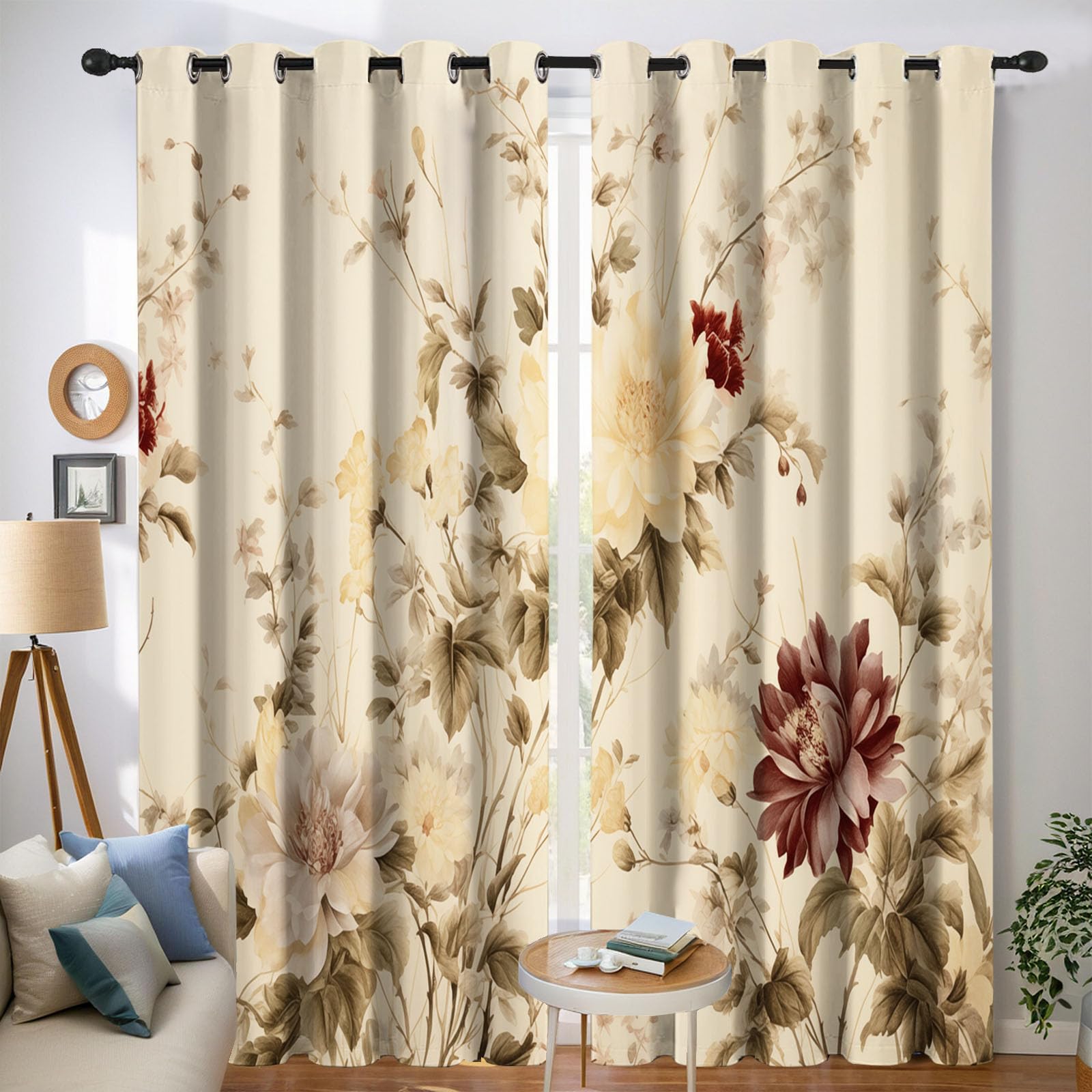Cortinas Opacas con Estampado Plantas Retro Dormitorio, 140×160 CM, con Estampado de Peonía CaíDas con Ojales, Aislamiento TéRmico Amarillo, ReduccióN De Ruido, Juego De 2