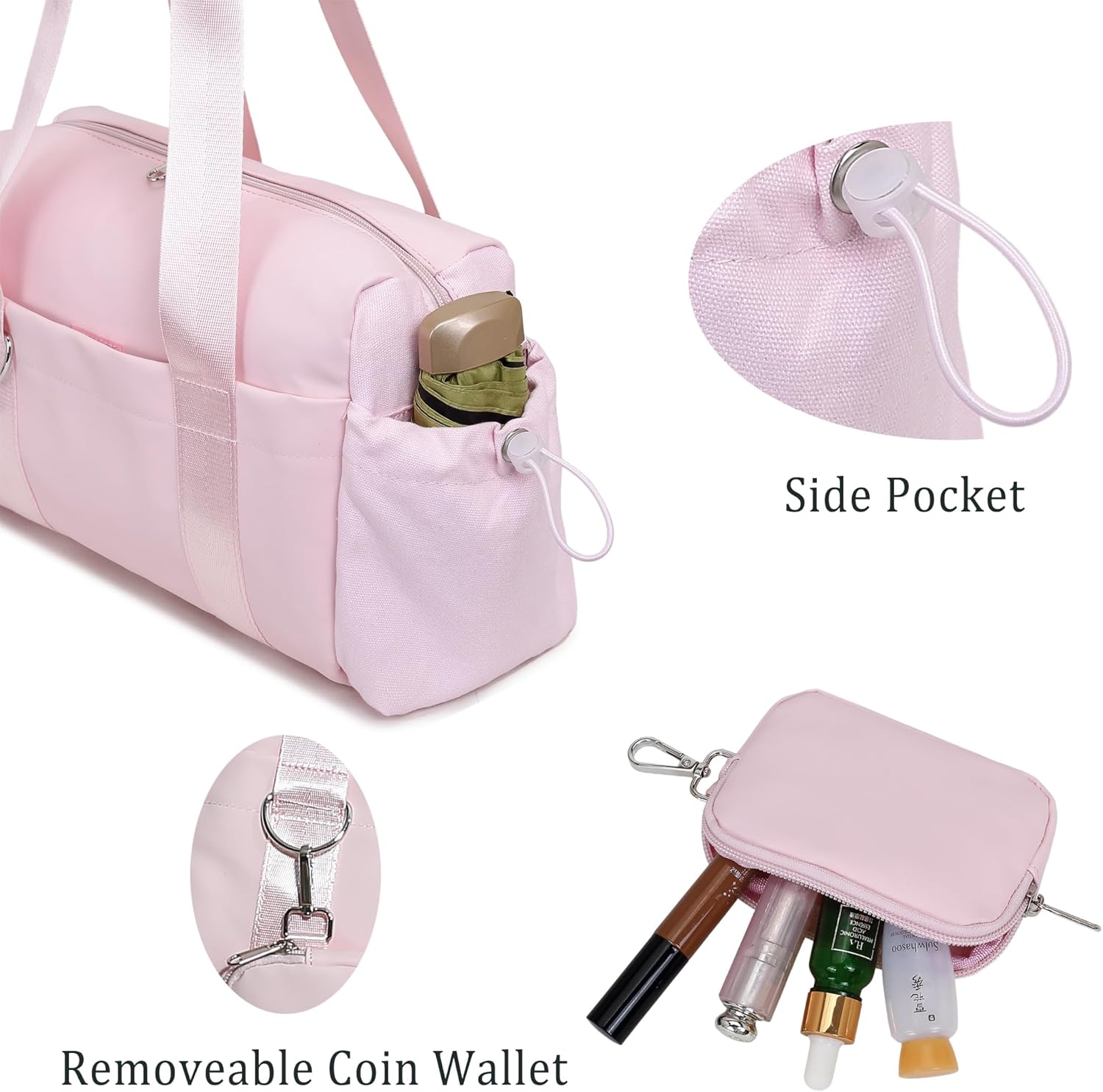 Everyday Mini Gym Bag for Women 2.0, Small Tote with Zipper Compartment Waterproof Travel Duffle Cute Handbag Workout Carry On with Removeable Shoulder Strap & Coin Wallet Easy to Clean - Pink - Image 7