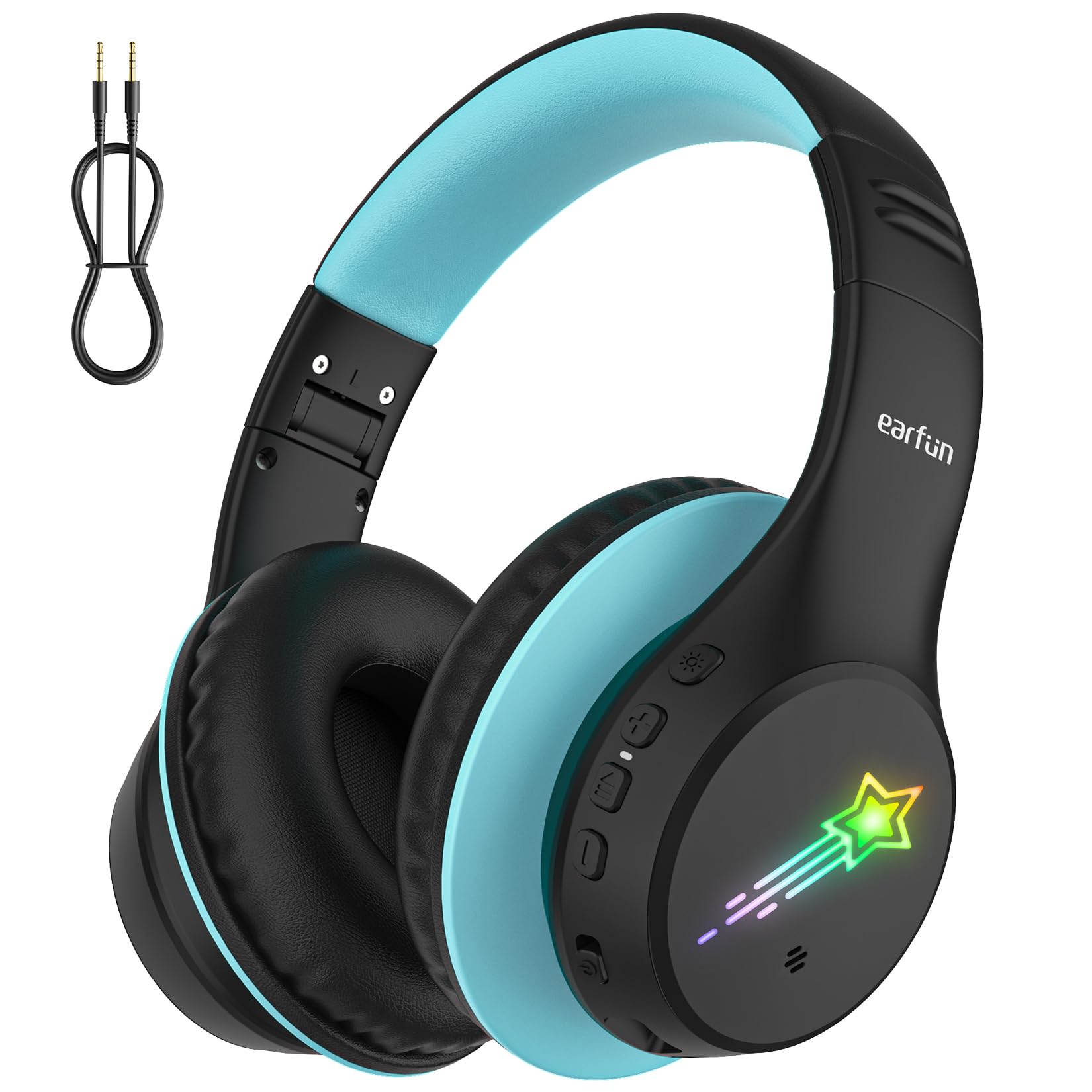 EarFun Bluetooth Kopfhörer Kinder, 5 LED-Beleuchtungsmodi, 74/85/94 dBA Lautstärkebegrenzung, 90 Std Akku, Hi-Fi Klang, HD-Mikrofon, Bluetooth 5.4, Faltbare, Kopfhörer Kabellos Kinder für Schule/Reise