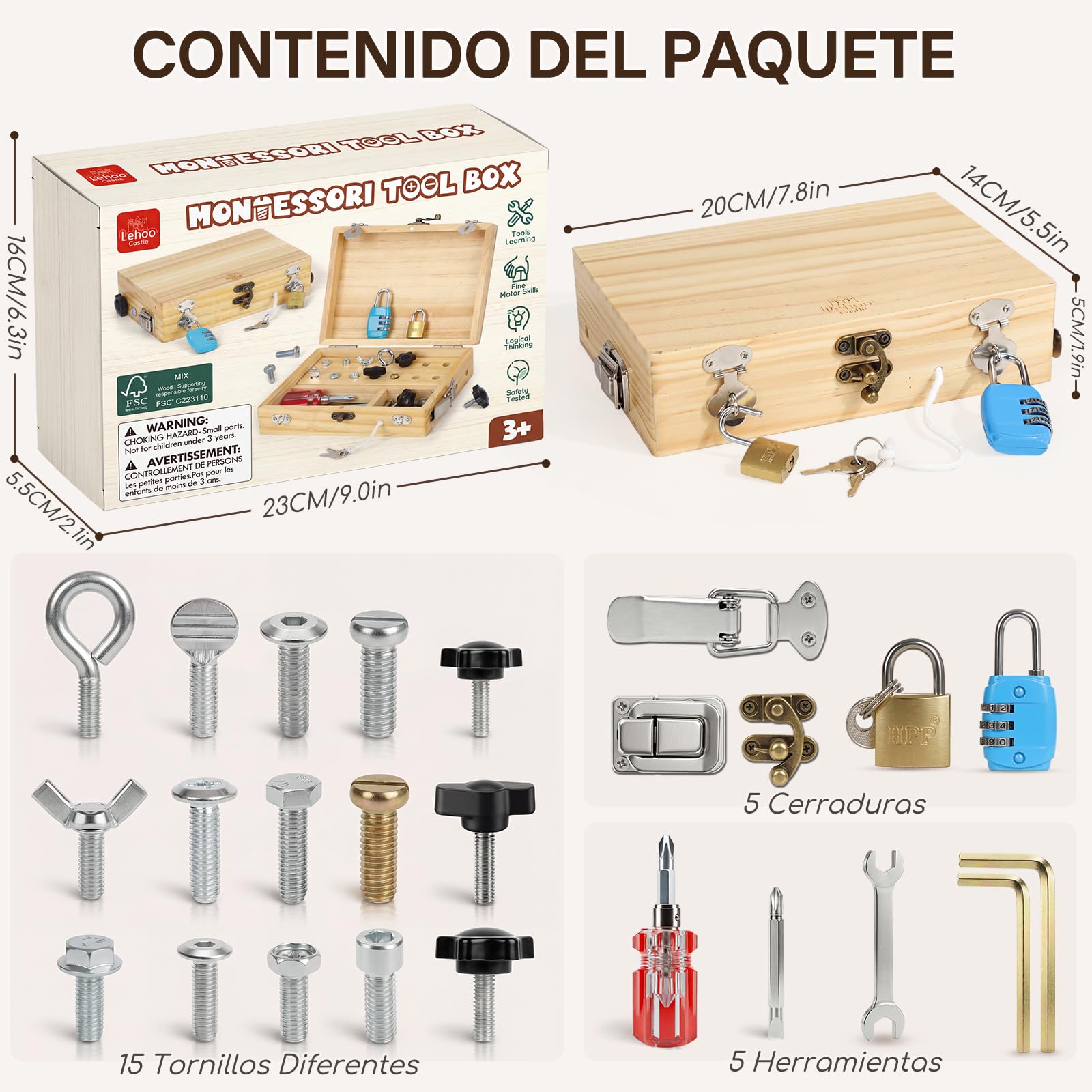 Lehoo Castle Montessori 3 Años Juguetes para Niños, Herramientas de Madera–15 Pcs Set Busy Board Juego Educativo de Motricidad Fina con Caja de Almacenamiento – Regalo Ideal para 4 5 Años Juegos