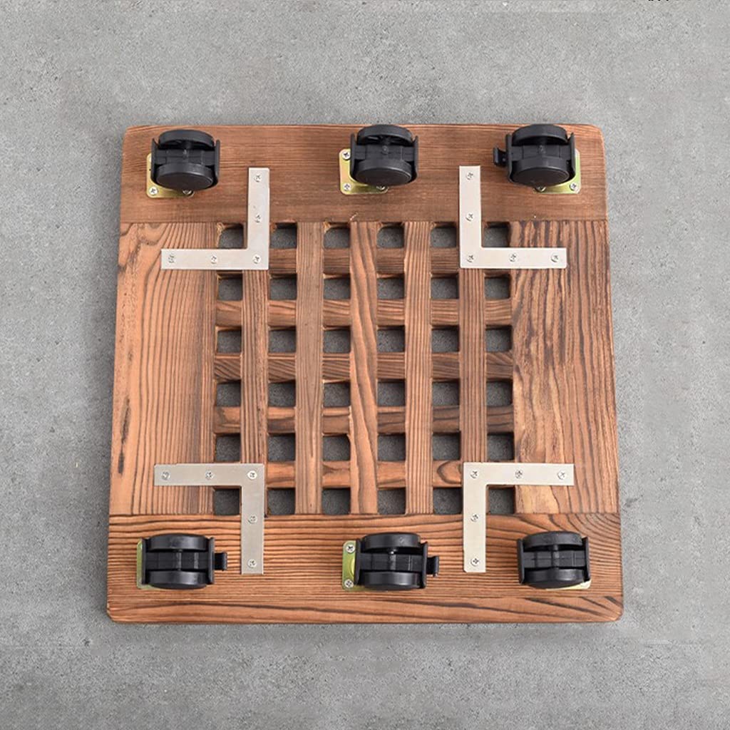 Chariot de pot de fleurs avec soucoupe intégrée en bois carbonisé, support à roulettes rotatif 360°