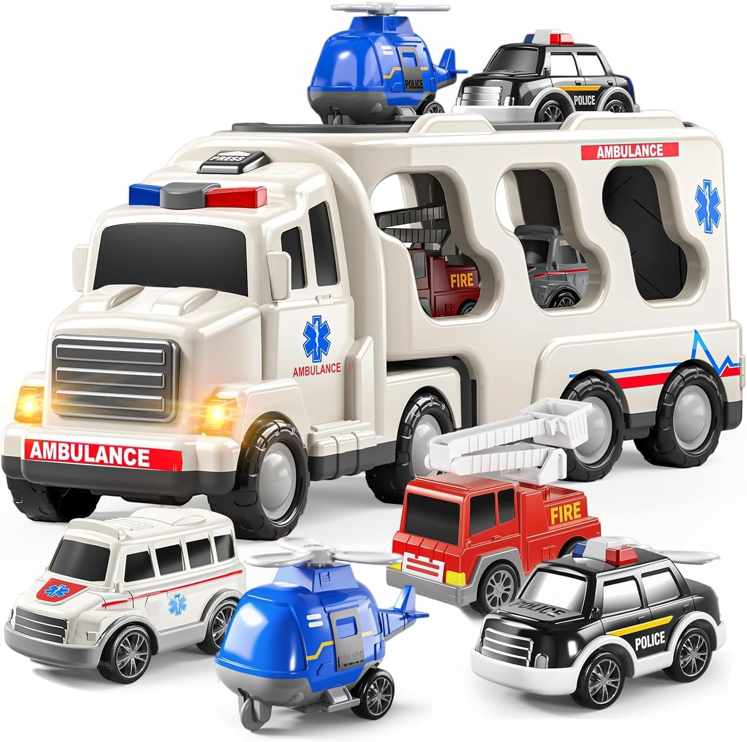 5 Pack Emergency Rescue Vehicle Toddler Truck Toys for 2 3 4 5 6 Year Old Boys (Ambulance Truck)