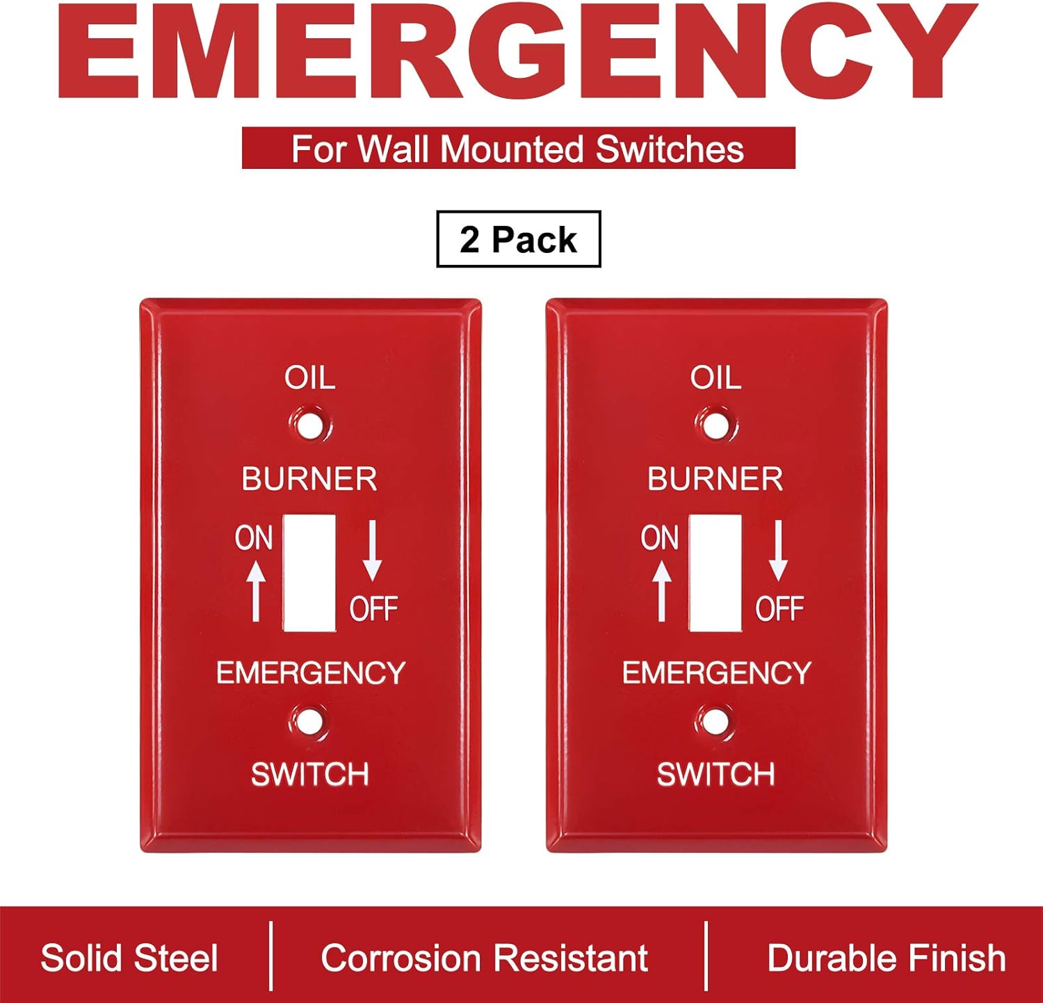 [2 Pack] BESTTEN 1-Gang Red, Emergency Oil Shut-Off Toggle Switch Metal Wall Plate, Standard Size, Code Compliant