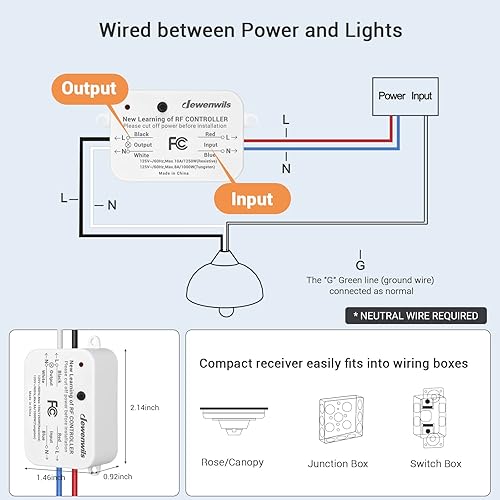 Miniatura 4 de DEWENWILS Kit de interruptor de luz inalámbrico y receptor, no requiere cableado en la pared, interruptor de pared con control remoto para luces de