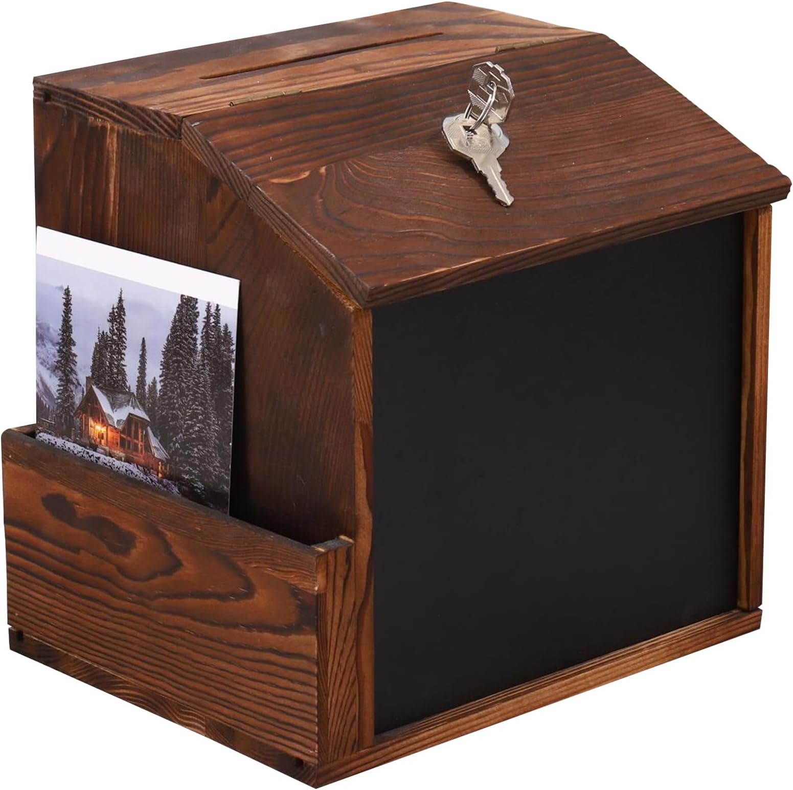 Beauenty Wood Donation Box with Lock, Trumpet Monitoring and Reporting Mailbox Blank Suggestion Box, Wall-Mounted Complaint Outdoor Letter Box Drop Box(Style 2)