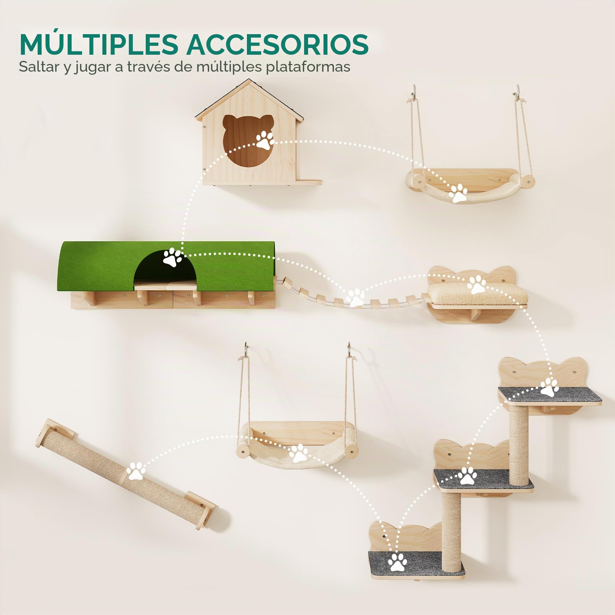 YITAHOME Juego de Pared de Escalada para Gatos, Muebles de Madera Resistentes para Gatos, 7 estantes con casa, Puente Colgante, escaleras, Hamaca y Poste rascador para Dormir, Jugar y Descansar