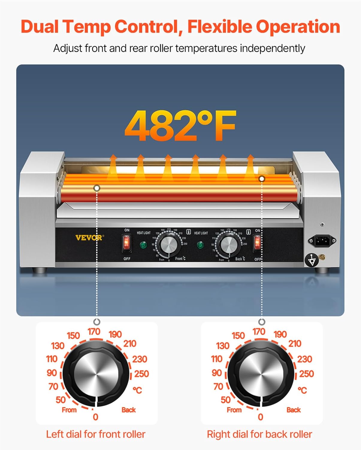 VEVOR Hot Dog Roller, 5 Roller Grill, Hold 12 Hot Dogs, 750W Stainless Steel Cook Warmer Machine with Dual Temp Control, LED Light & Detachable Drip Tray, Sausage Grill Cooker for Commercial and Party