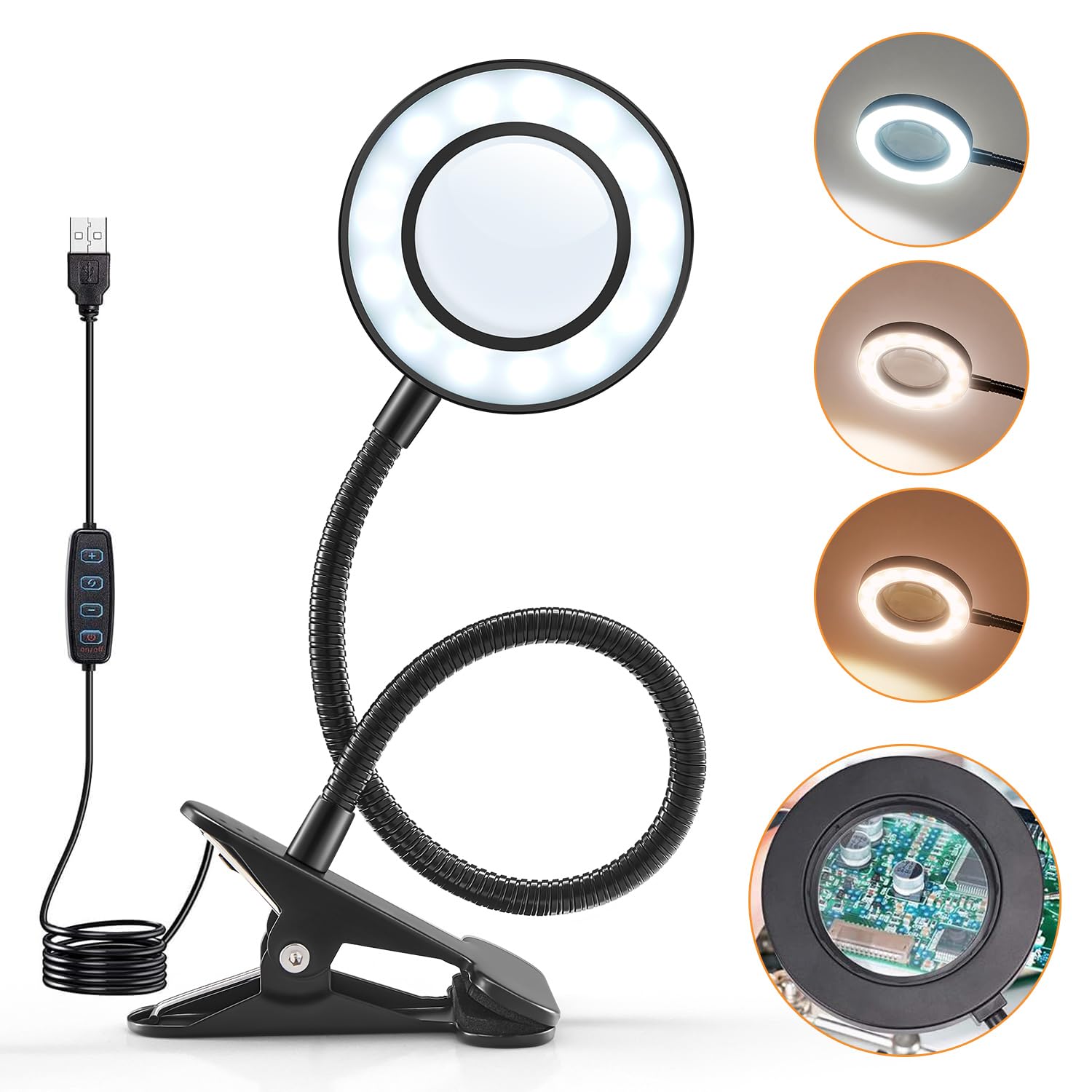 One Fire Lampara Escritorio Led, 48 LED Flexo Escritorio, 30 Modos Luz Lectura Flexo Pinza, Lupa 5X Lampara Lectura Cama, Flexo Led Escritorio Ajuste de 360 °, Luz para Leer Libros en la Cama,Trabajo