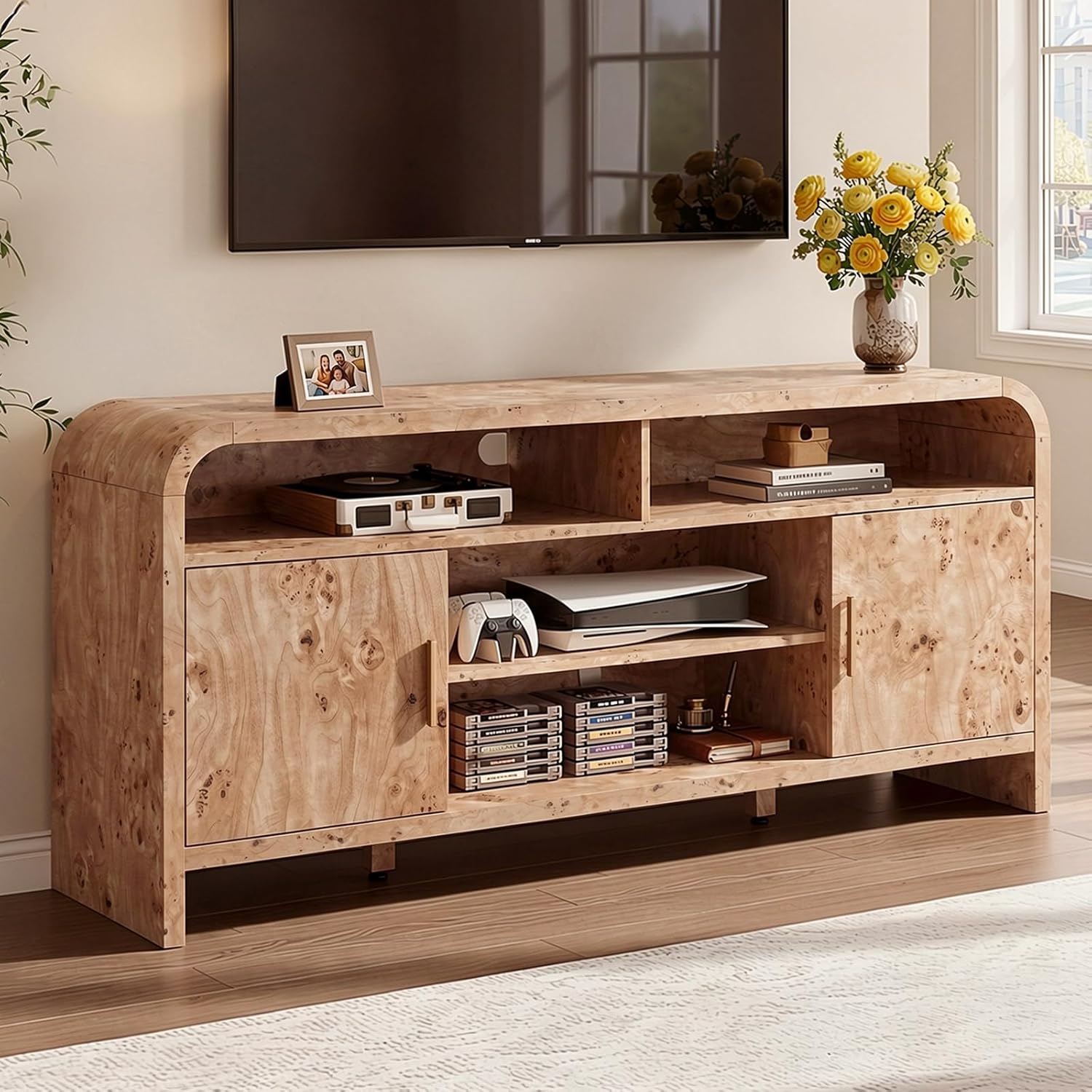 TV Stand for TVs Up to 65'' - [Unique Curved Profile, FSC-Certified Wooden Board] Entertainment Center with Adjustable Shelves and Storage Cabinet Modern Media Console for Living Room