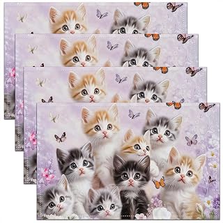 Watercolor Cute Cats Place Mats Dreamy Butterfly Garden Wild Flowers Table Mats for Kids Girls Teens 3D Kawaii Animal Kitten Print Kitchen Mats for Dining Table 12x18 Inch Set of 4