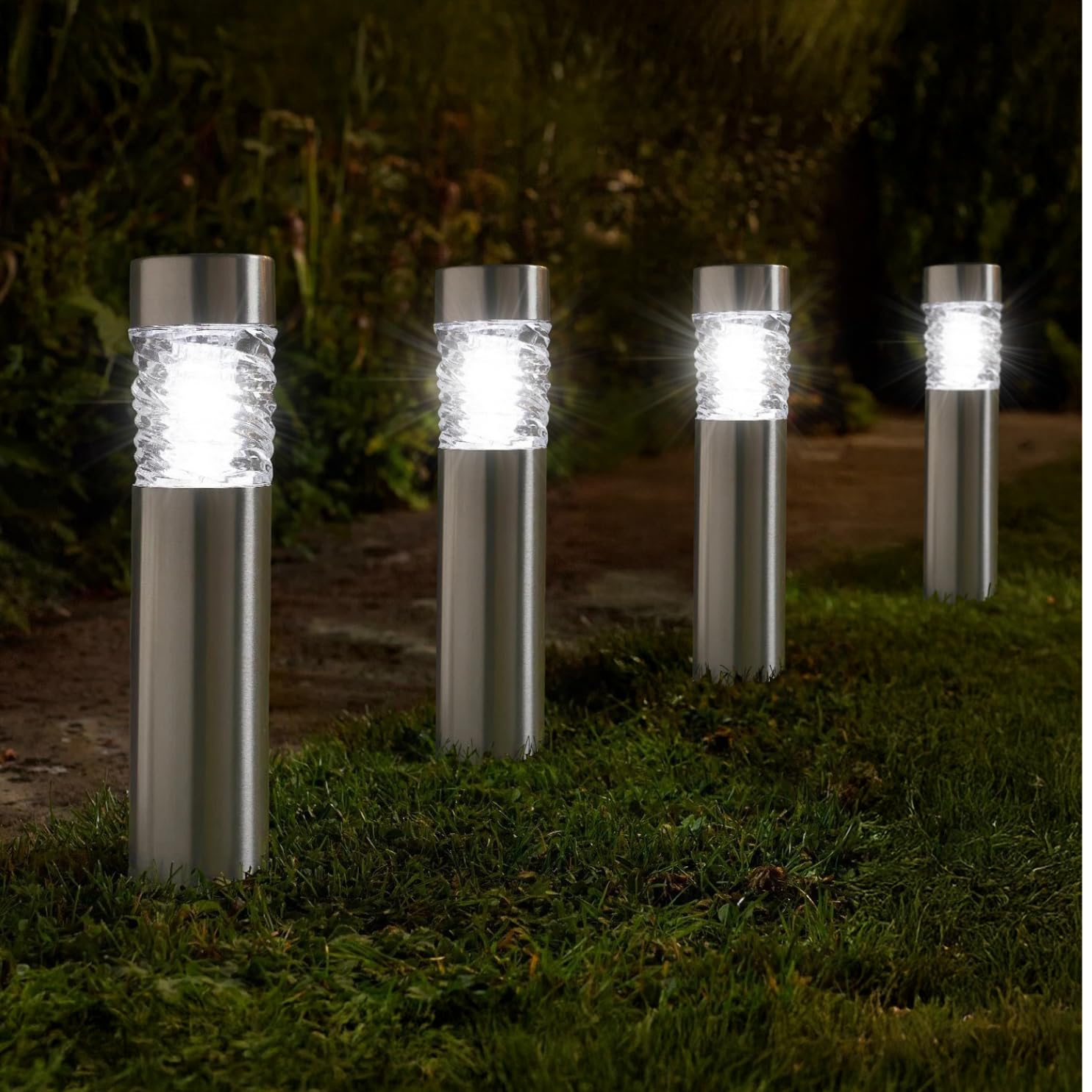 Garden Mile Set of 4 Wave Bollard Solar Garden Lights Outdoor Waterproof Super Bright 10 Lumens Outdoor Lighting Stainless Steel Solar Stake Lights for Flowerbeds Borders Driveways Pathway Lighting