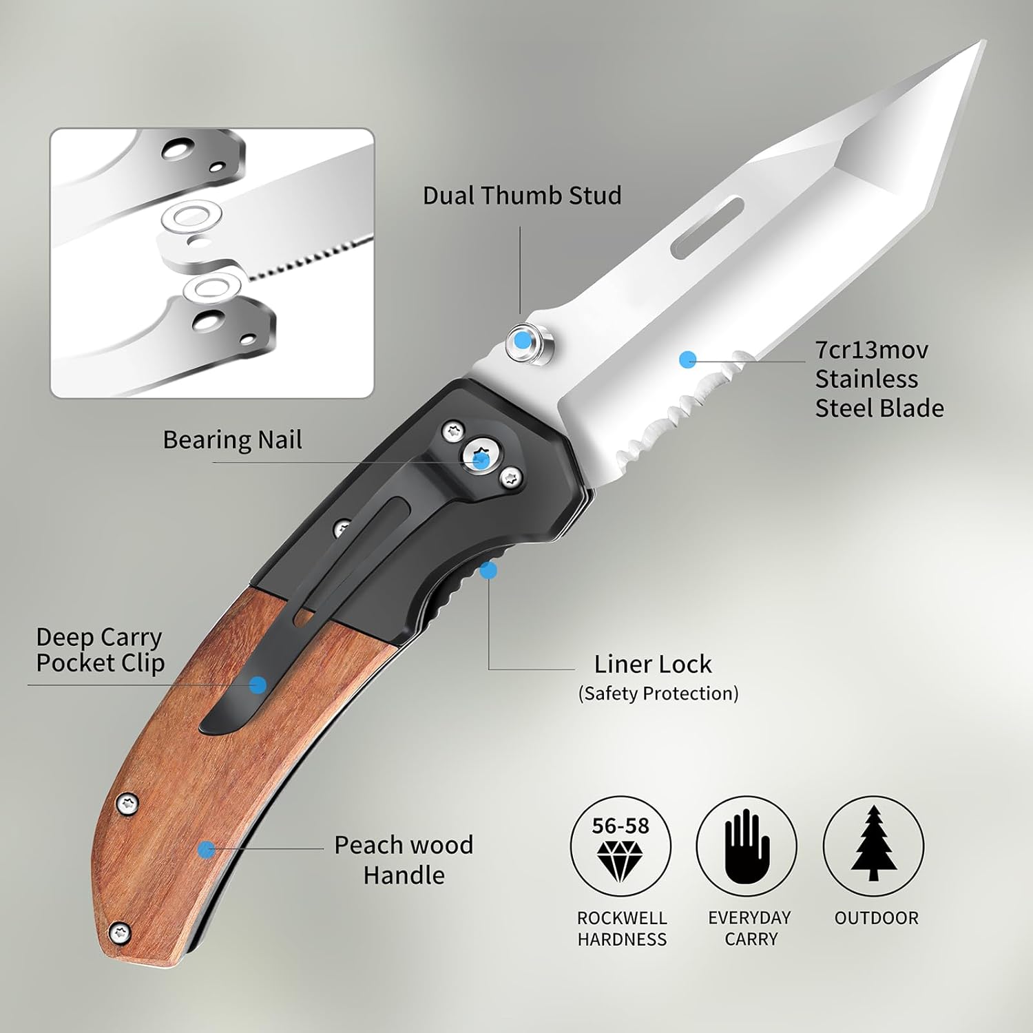 Pocket Knife for Men, Folding Knife with Pocket Clip, Wood Handle EDC Knife for Women with 3.4″ Sliver Serrated Steel Blade, Camping Knife, Hunting, Hiking - Father's Day Gift (Satin Silver-Serrated)