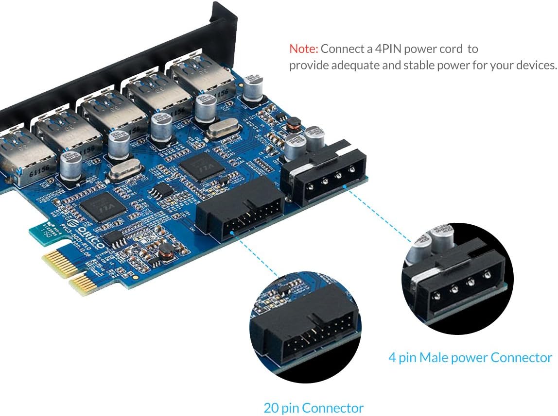 ORICO PCI-E Expansion Card Adapter with 5 USB3.0 Port Hubs and Internal USB3.0 20PIN Power Connector with VL805 and VL812 Controller for Windows Vista PC Laptop