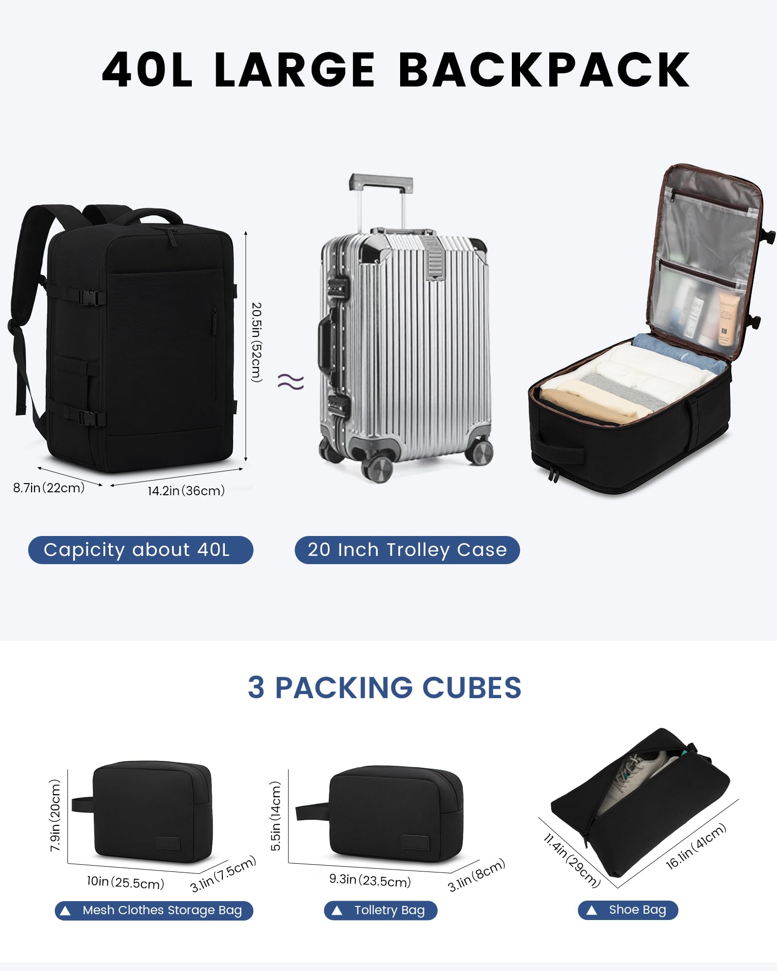 LOVEVOOK Zaino da Viaggio Aereo Bagaglio a Mano 40L Grande Borsa da Cabina per Voli Impermeabile Antifurto Zaino Viaggio Uomo Donna 17,3 Pollici Zaino Porta PC per Scuola Lavoro Trekking, Nero