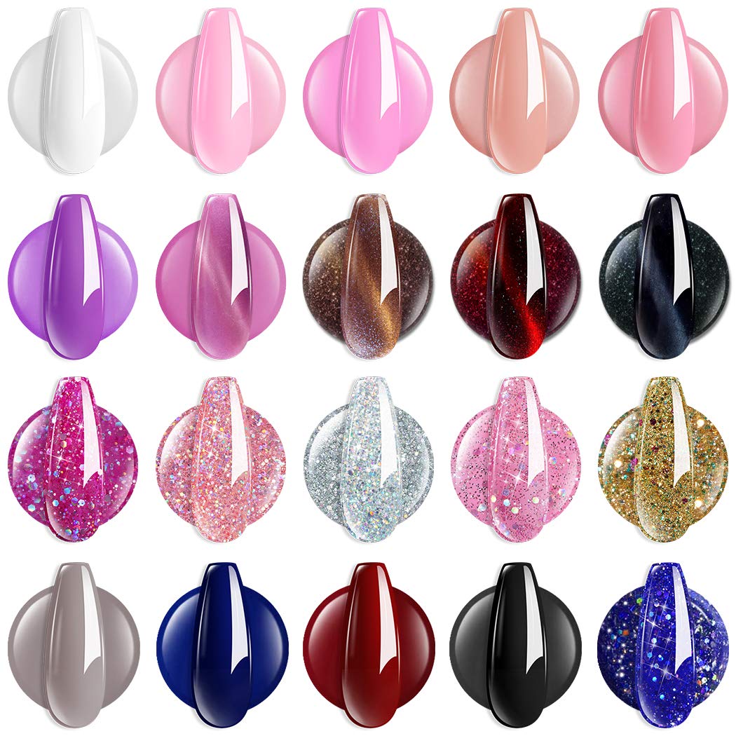 Wakaniya Gel Nail Polish Kit with u v Light -20 Colors Soak Off Gel Polish and 2pcs Poly Gel with Base Top Coat UV Lamp ,Gel Nail Polish Set of Nude Glitter Cat Eye Colors for DIY and Salon Professional