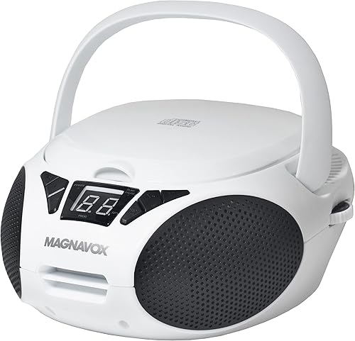 Magnavox MD6924-WH Boombox de CD portátil de carga superior con radio estéreo AMFM en blanco y negro  Compatible con CD-RCD-RW  Pantalla LED  Puerto