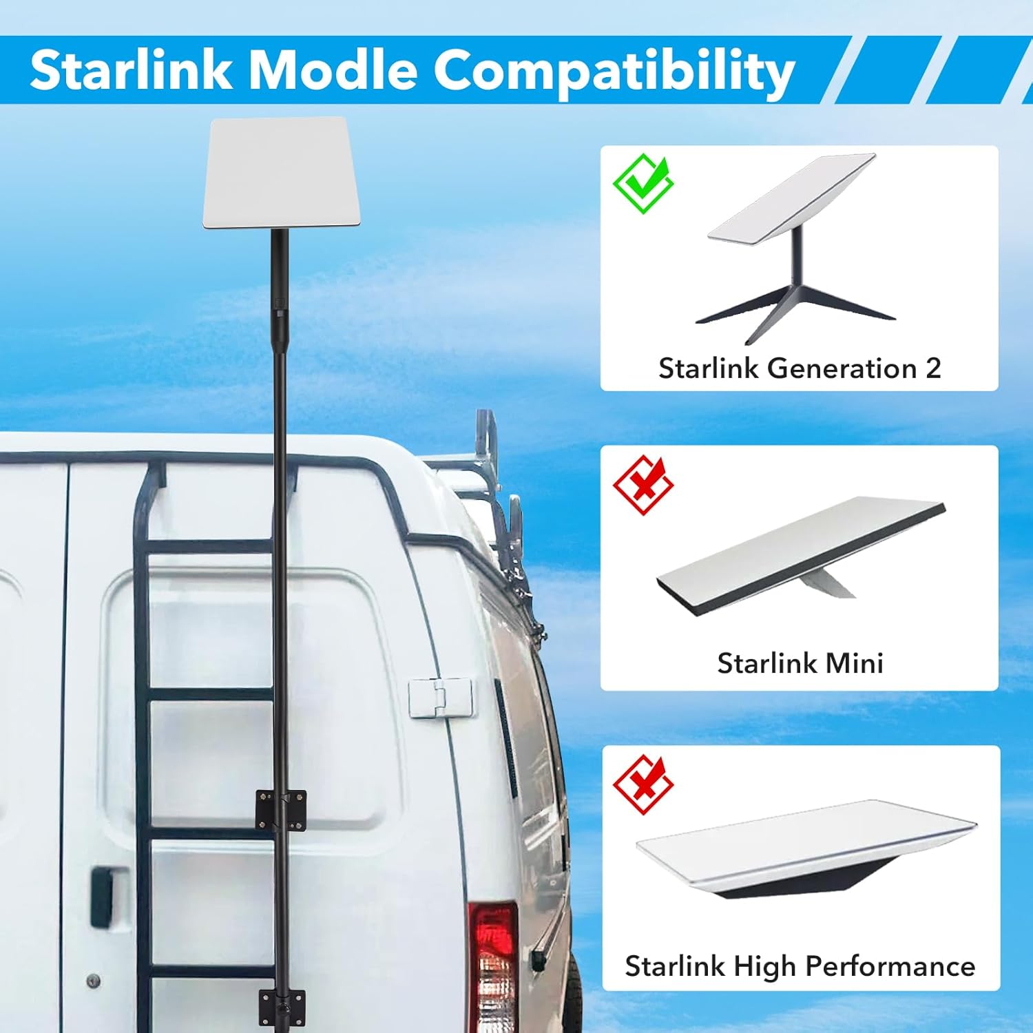 Starlink RV Pole Mount GEN 2 Flagpole Mounting Kit for RV Ladder Fits 1 inch Ladder Rails 10ft Telescopic Pole