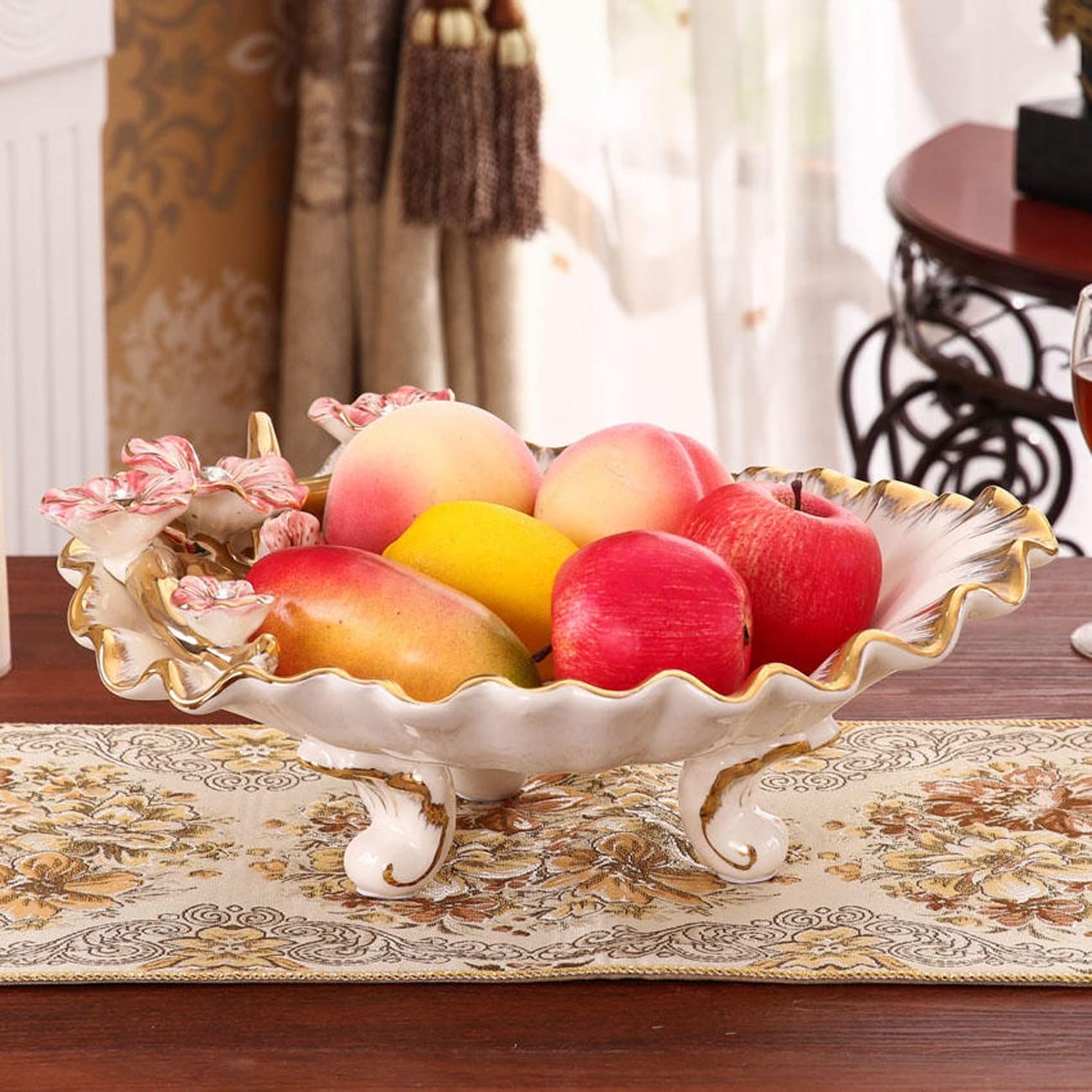 Plato de Frutas de cerámica Dulces nueces Platos de Porcelana Aperitivos compota Bayas Bandeja de Almacenamiento Borde Tallado de Flores decoración,