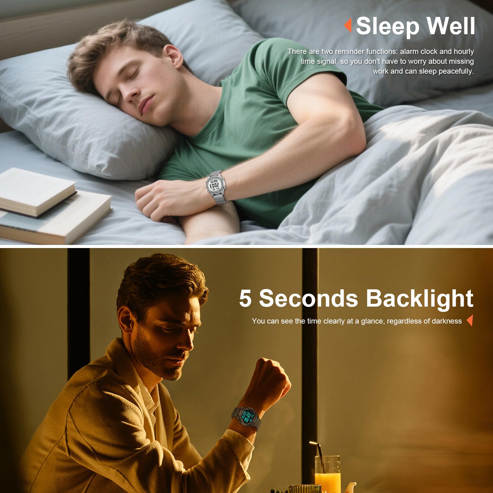 Hearkent Orologio digitale da uomo, impermeabile, con contapassi, sveglia, calorie, distanza, sveglia, conto alla rovescia, cinturino in acciaio inox
