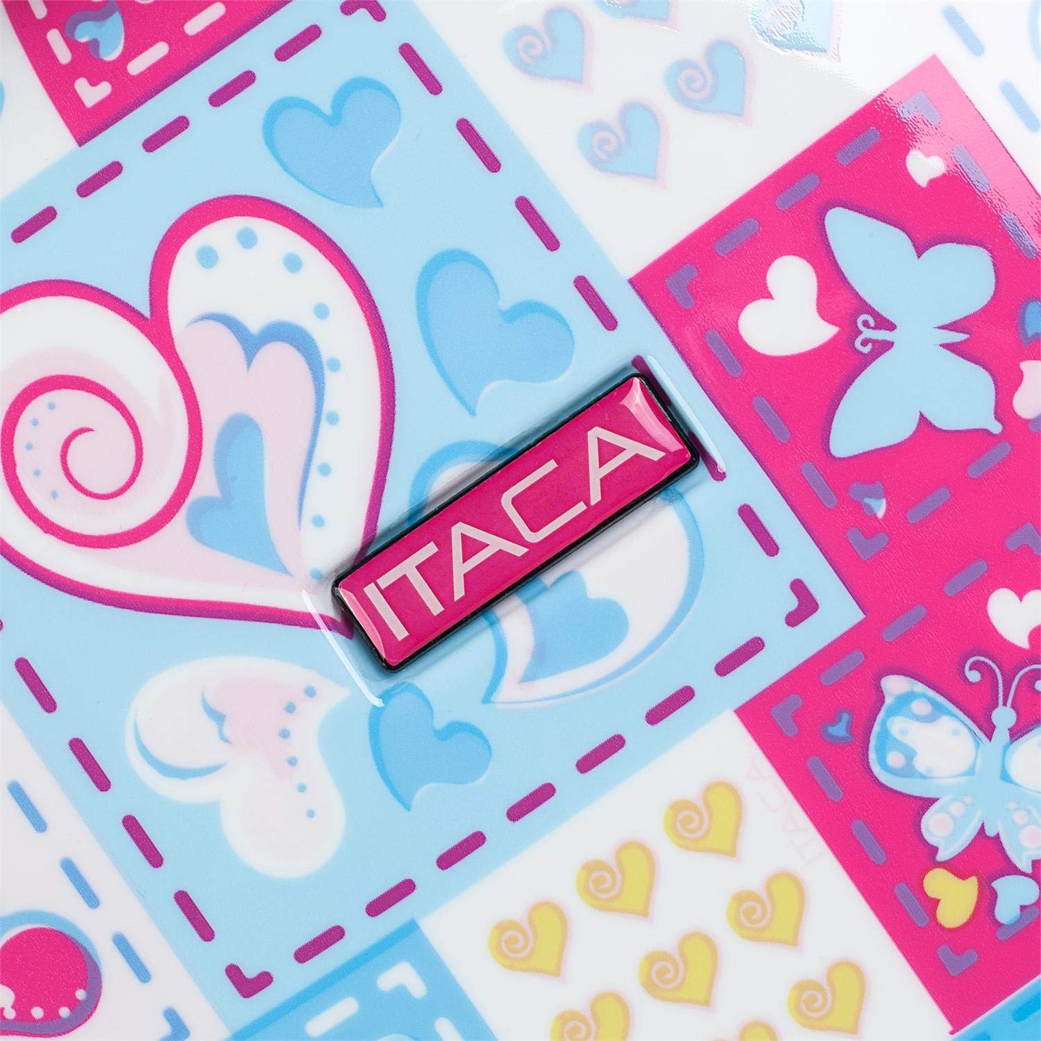 ITACA - Maleta Mediana rígida con 4 Ruedas giratorias, Cierre Seguro Candado de Combinación y diseño Resistente, Apta para 23 Kilos Viajes Largos y escapadas. con Neceser, Azul-Fucsia