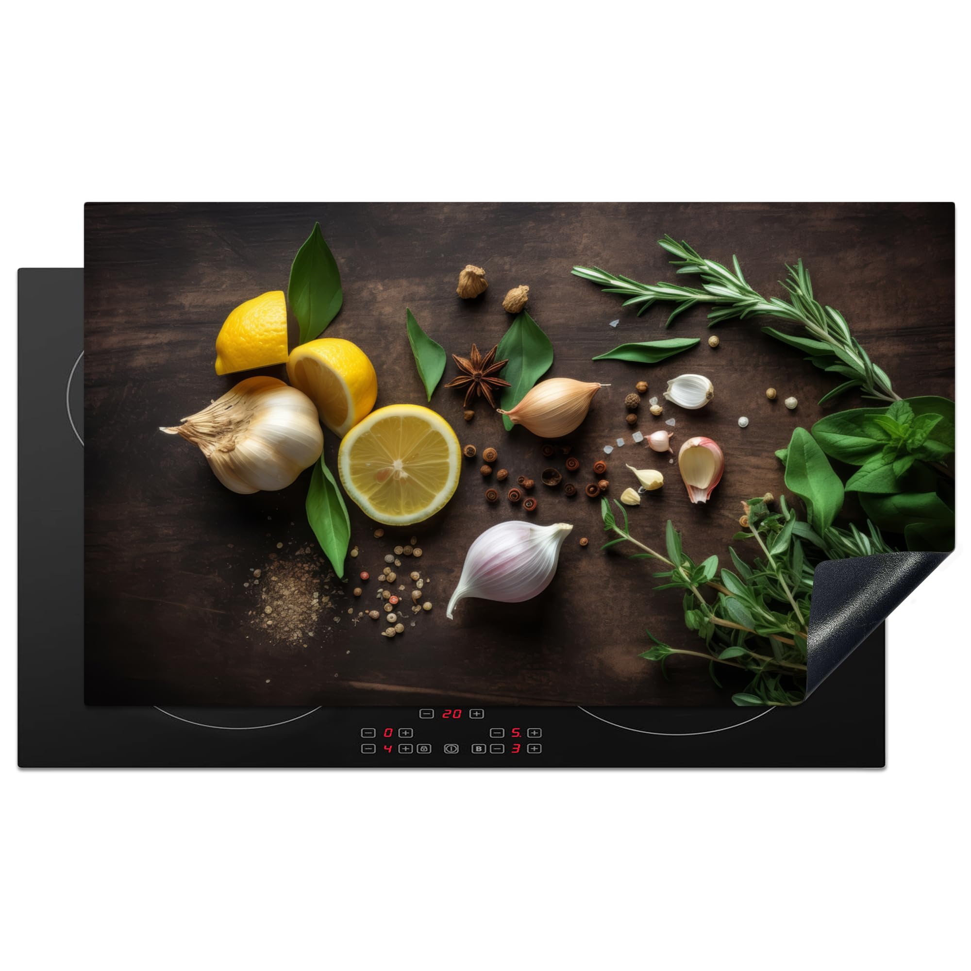 KitchenYeah© Induction Hob Protector Mat 20.5"x35.4" / 90x52 cm Stove Cap Top Cover Kitchen Cooker Covers for Electric Hobs Vinyl Herbs - Lemon - Fruit - Wood Print
