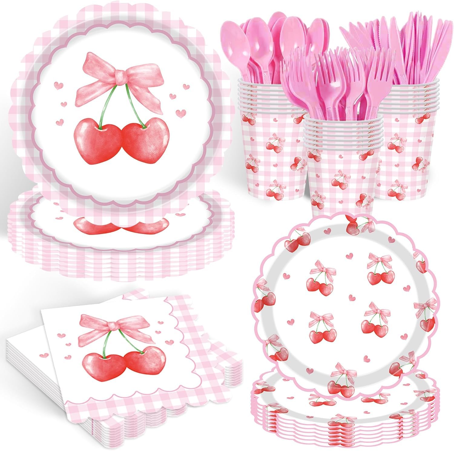 AM ANNA 140PCS Cherry Birthday Party Decorations Supplies, Disposable Tableware Set - Cherry Design Kids Girls Fruit Pink Plates, Cups, Napkins,Forks for 20 Guests