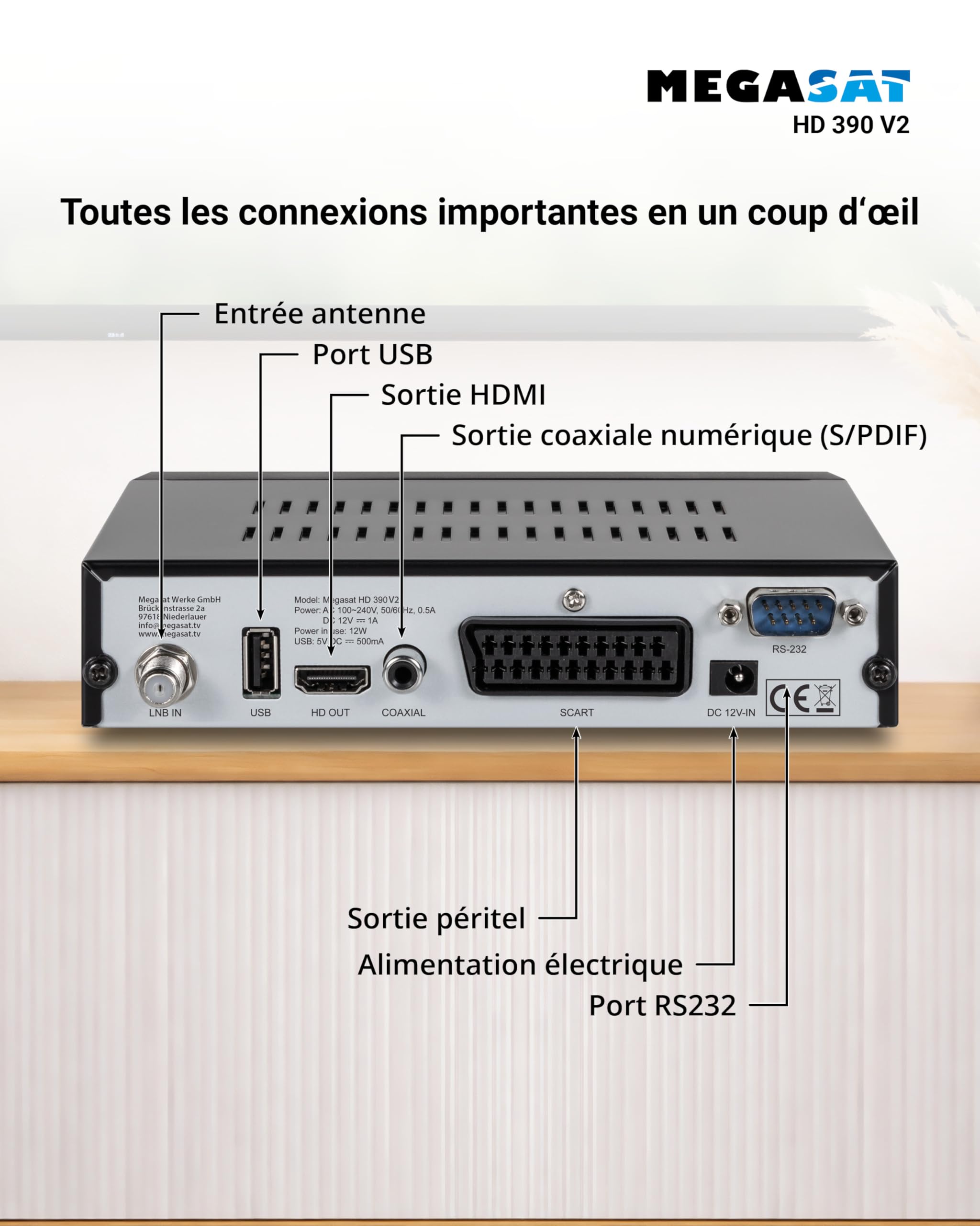 Megasat HD 390 – Récepteur Satellite HD (DVB-S/DVB-S2, Lecteur multimédia, HDMI, Péritel, 2 × USB, écran) – Noir