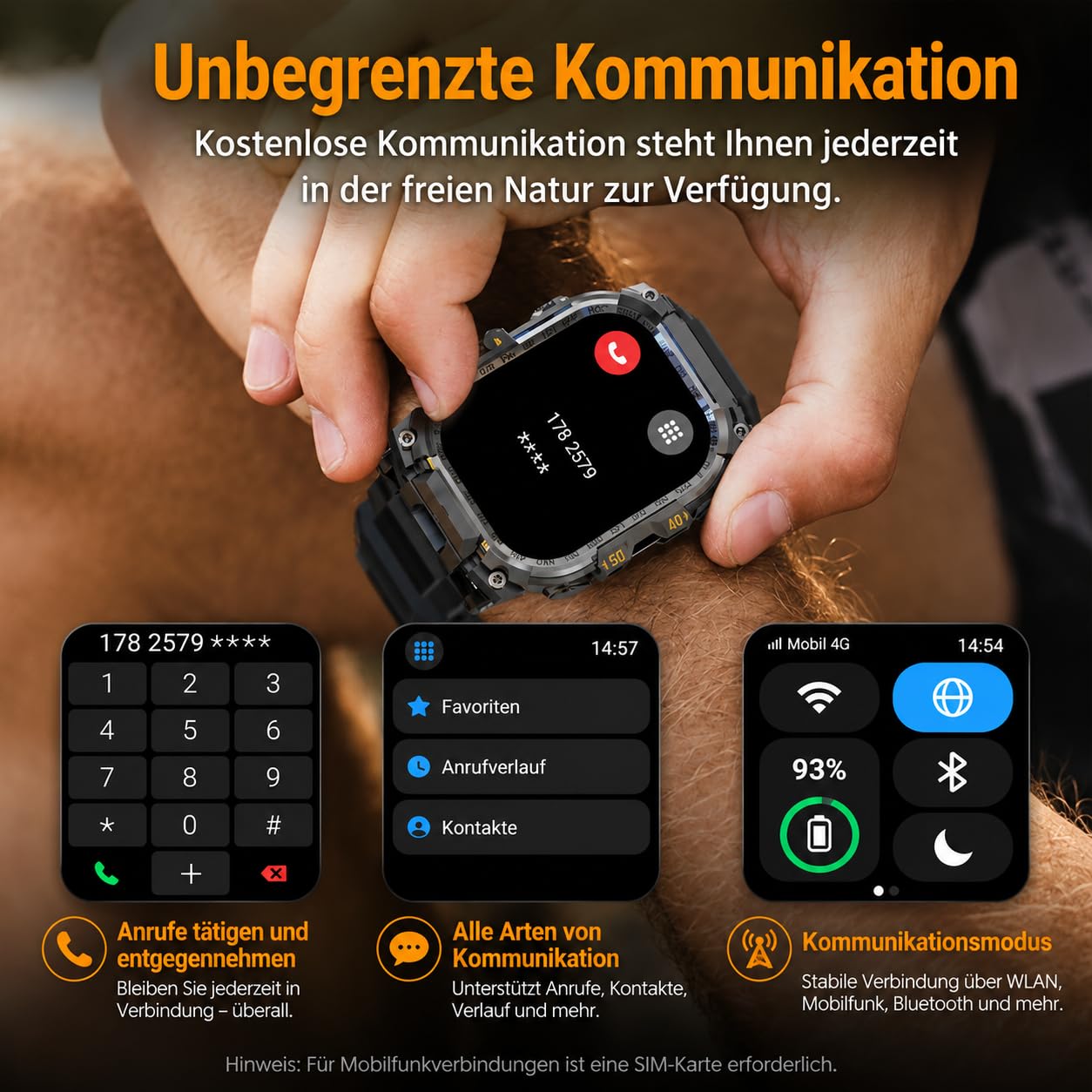 Smartwatch 4G LTE Android Reloj Deportivo AMOLED 2.06 pulgadas GPS Función Teléfono SIM Cámara WiFi Fitness Tracker Militar Exterior Reloj de Pulsera Aplicaciones Navegación Frecuencia Cardíaca