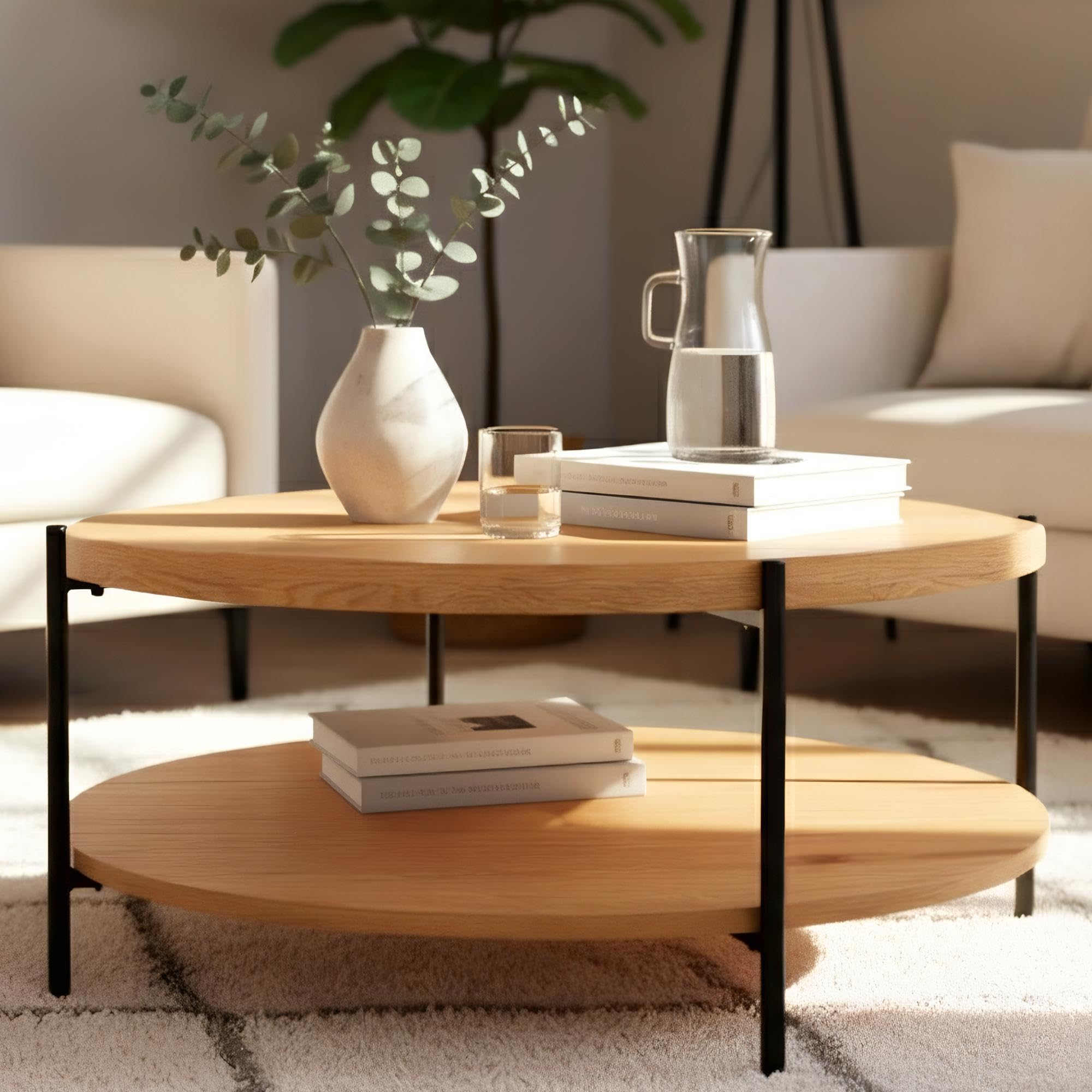 CLP Couchtisch rund Holz Edduma, Sofatisch 2 Ebenen mit Stauraum, Beistelltisch klein Metallgestell schwarz, Farbe:Natur, Größe:Ø 80 cm