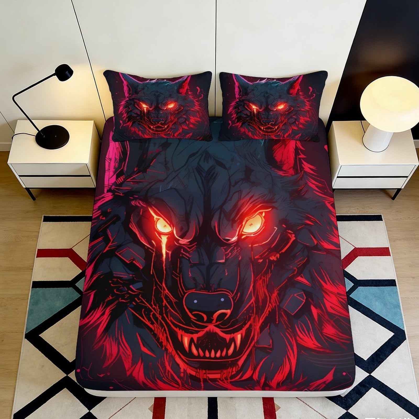 Uxinyoume Style-4 3D Printed Fiery Wolf Fitted Sheet Microfiber Soft Red Eyes Bed Cover For Bedroom Dorm Mattress Decor Protection 90X200x25cm