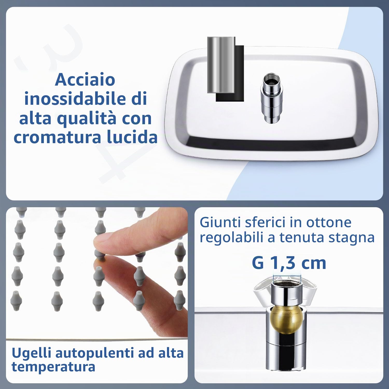Soffione doccia a pioggia, in acciaio inox, ugelli anticalcare (cromati, 35 x 22 cm)