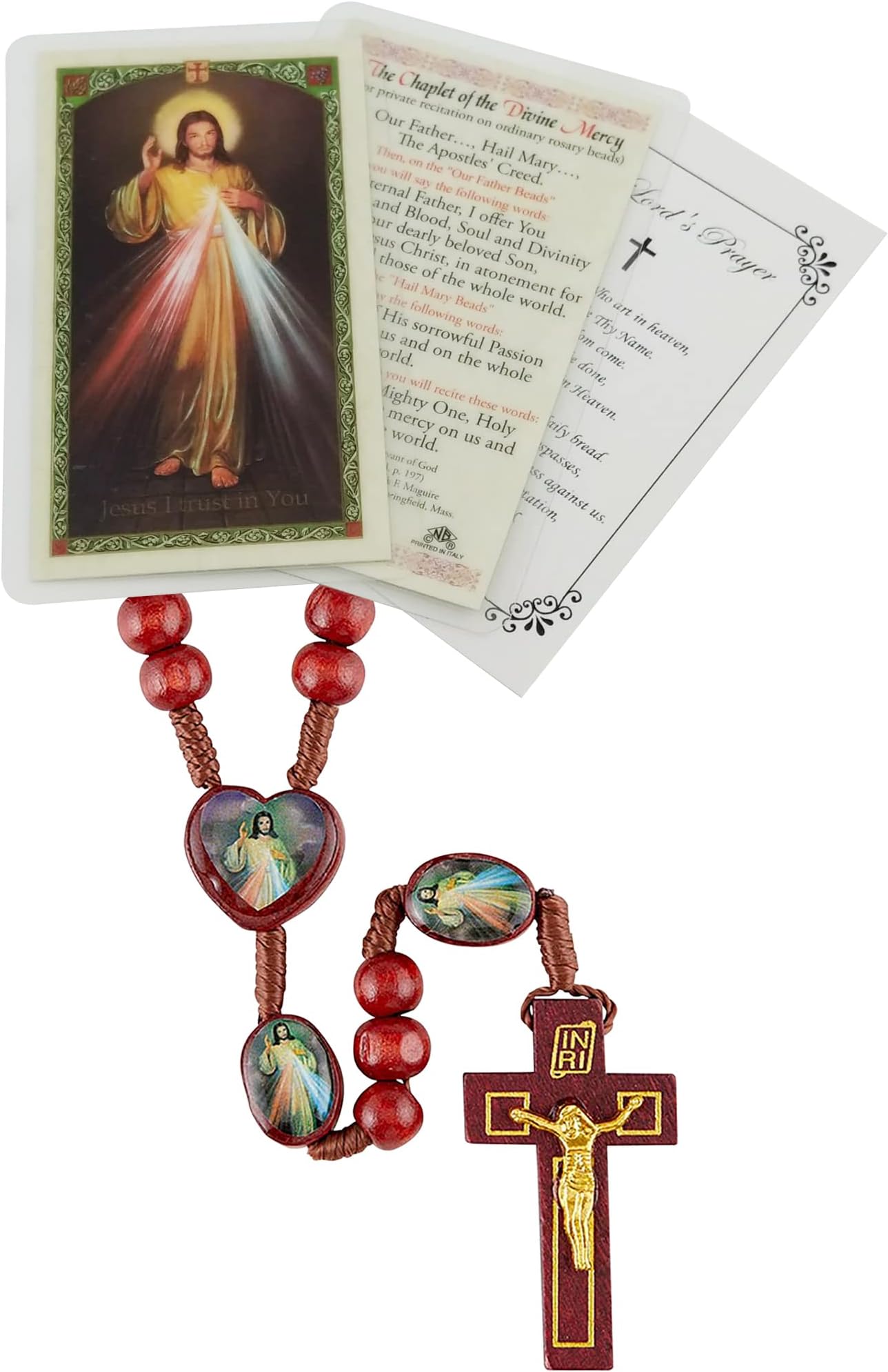 Trendzeen Divine Mercy Chaplet - Prayer Card, Divine Mercy Rosary with Red Wooden Beads, Jesus Christ Heart Centerpiece and Cross Crucifix, The Lord's Prayer Card | Catholic Set Of 3 Items